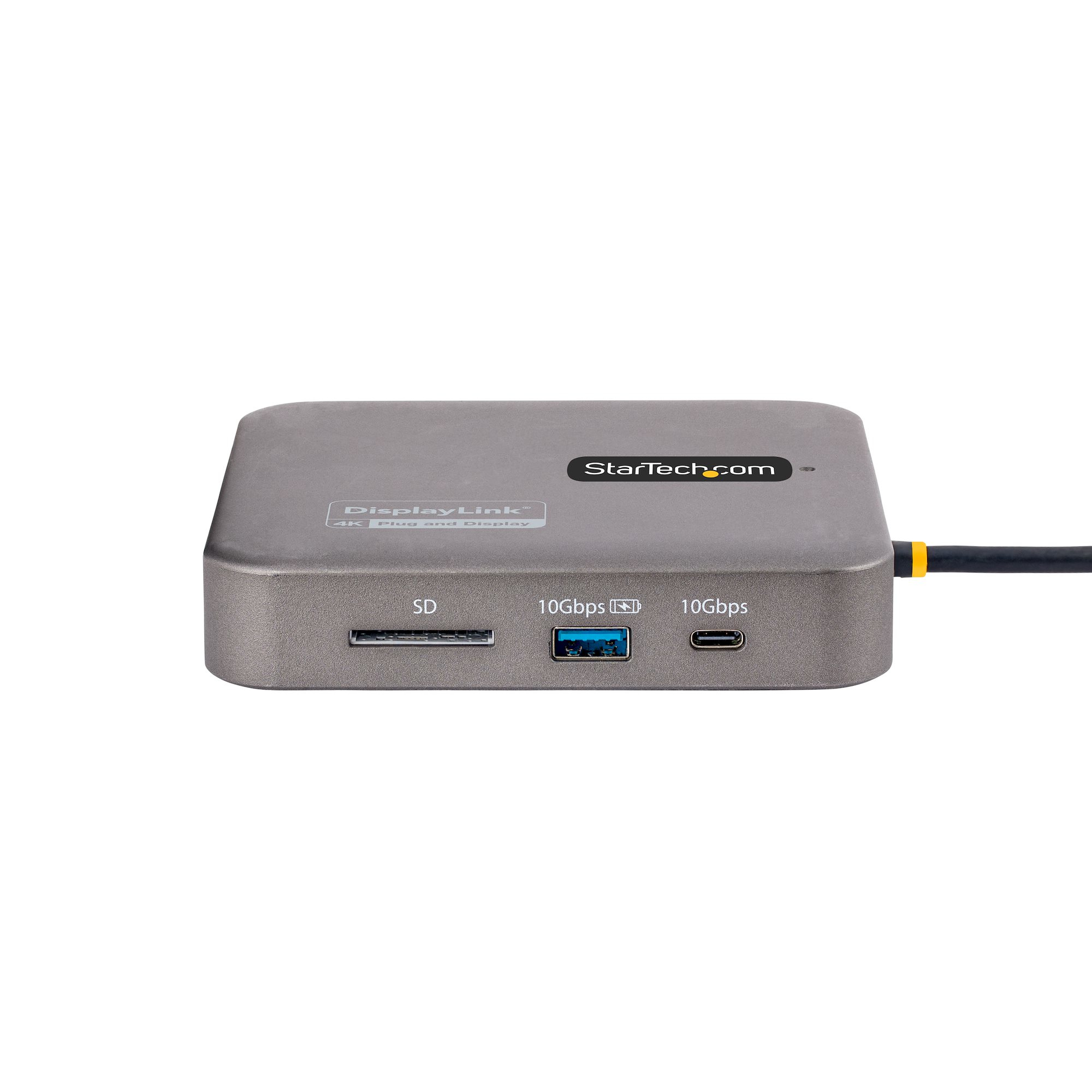 Ein grauer StarTech USB-C Hub mit mehreren Anschlüssen, einem USB-C-Kabel und weißem Hintergrund.