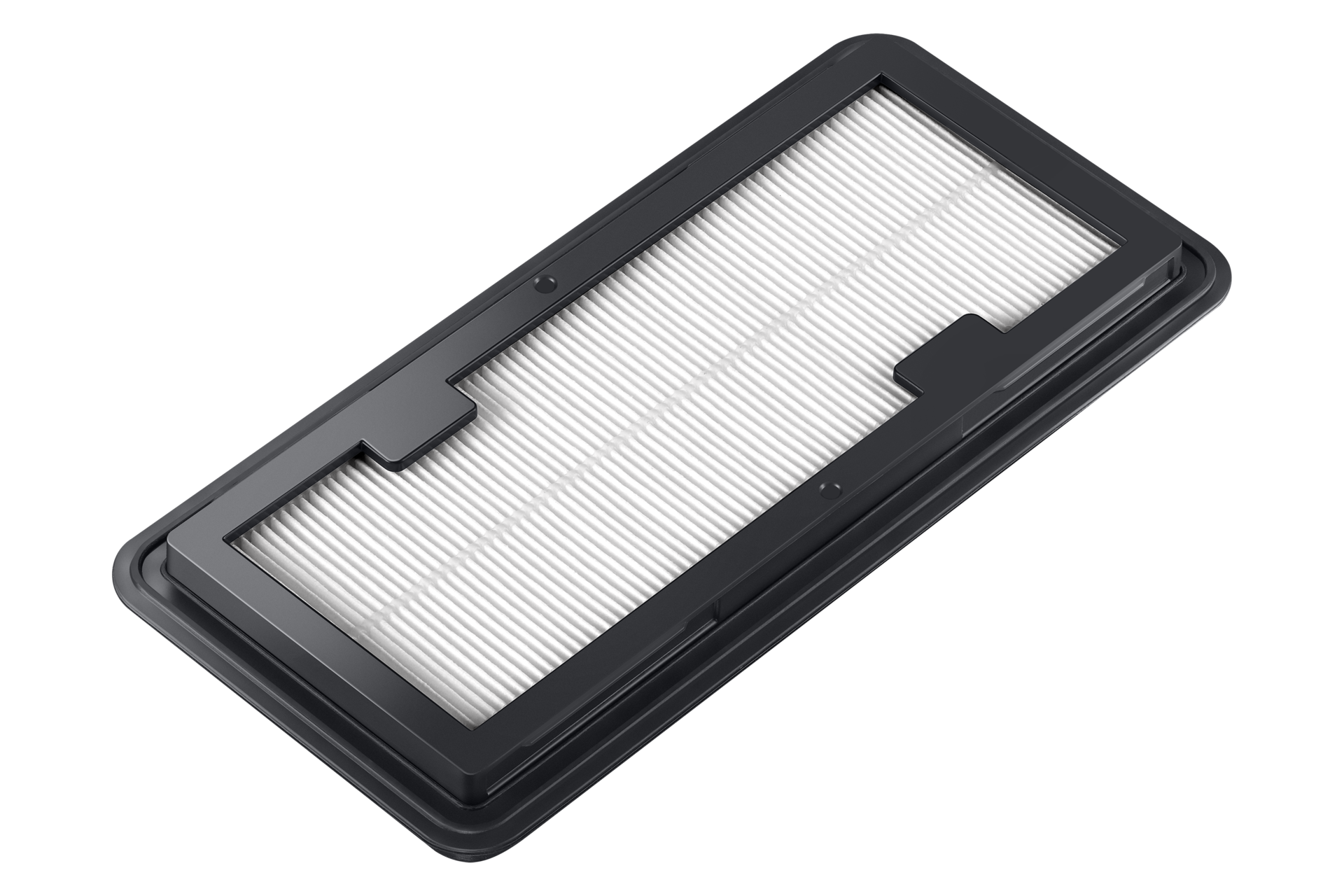 Prostokątny filtr z czarną ramką i białym, plisowanym materiałem filtrującym w środku. Jest skierowany w górę.