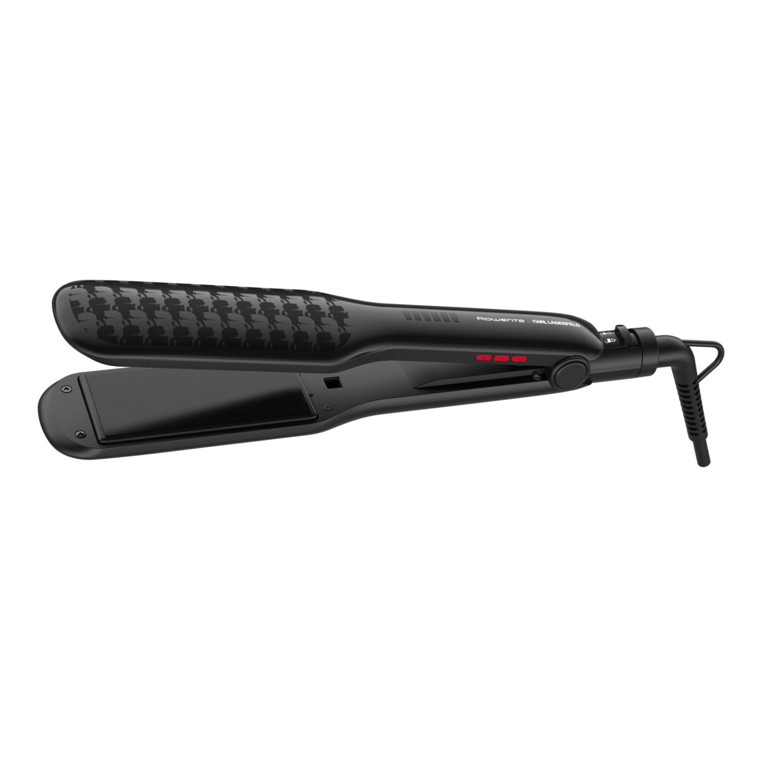 Black hair straightener with a patterned top plate. It is open.