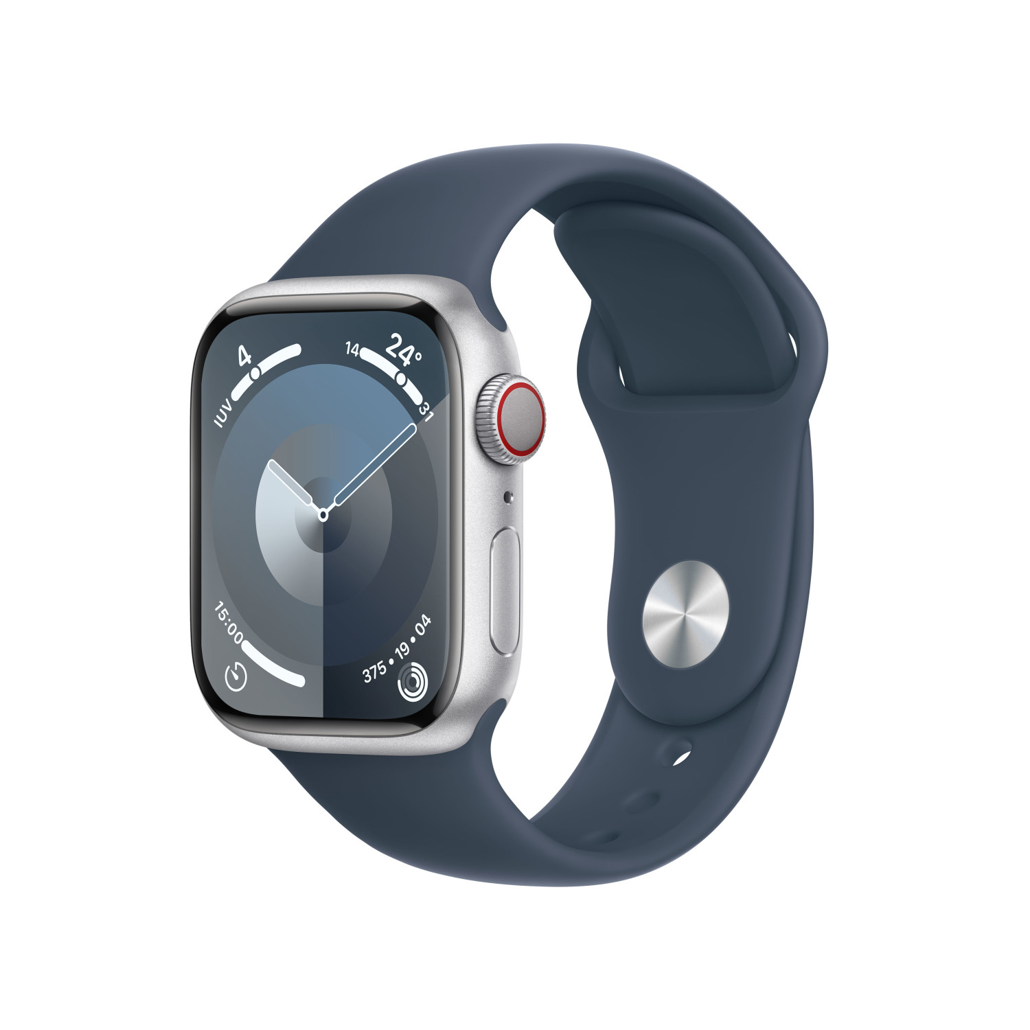 Un Apple Watch argento con cinturino blu, che mostra l'ora e gli anelli di attività.
