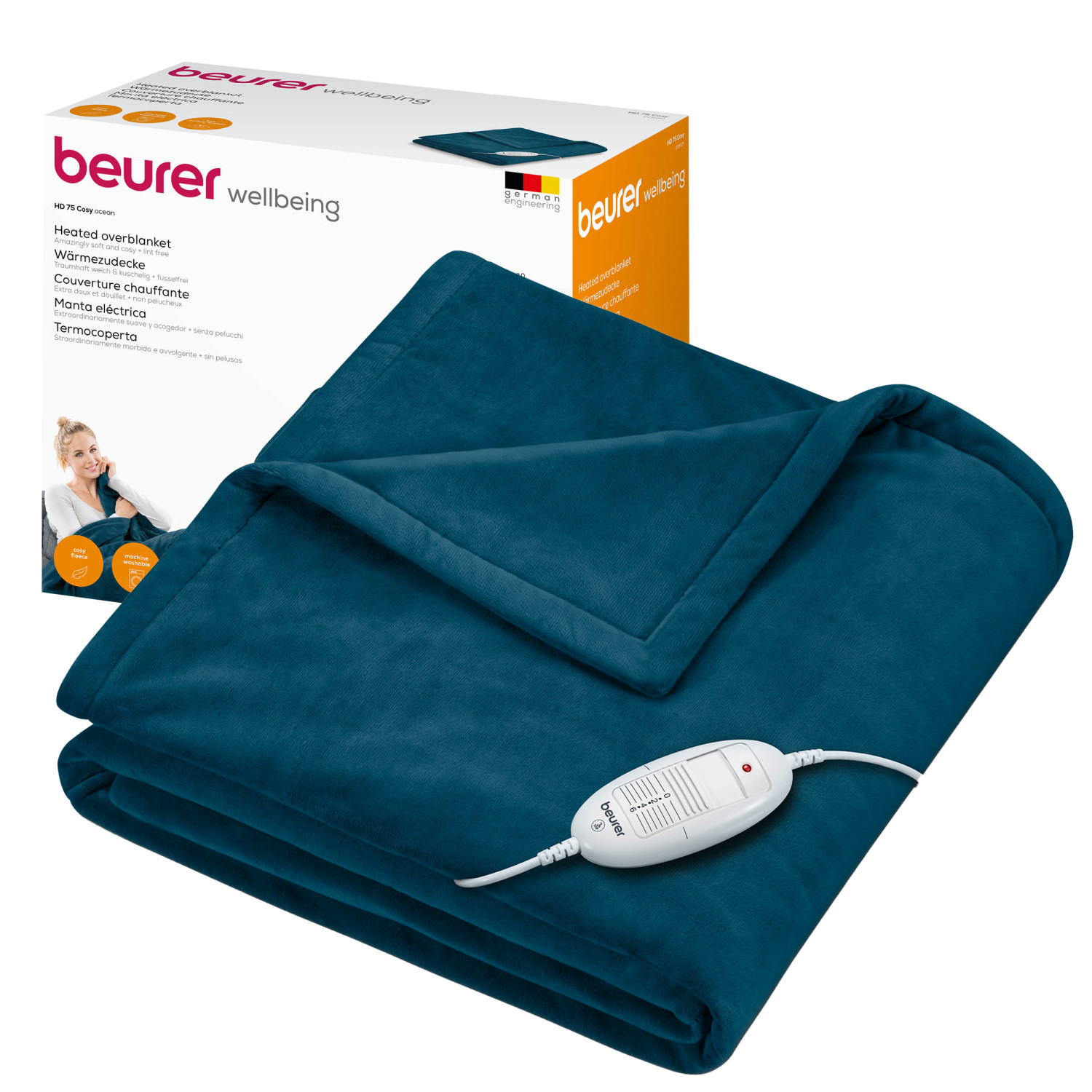 Coperta riscaldata blu con pannello di controllo e confezione.
