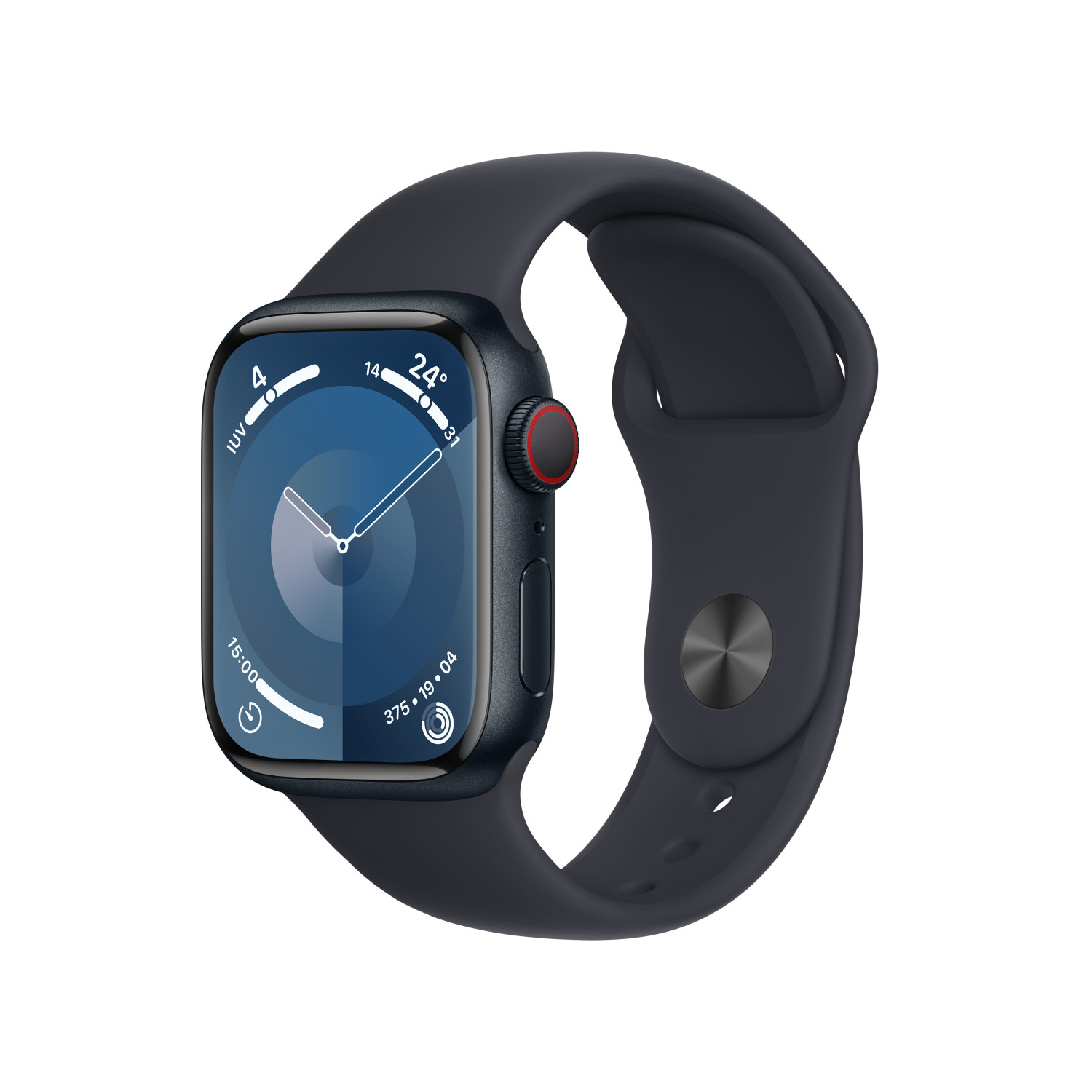 Apple Watch nero con cinturino blu scuro, mostra ora e dati sullo schermo.