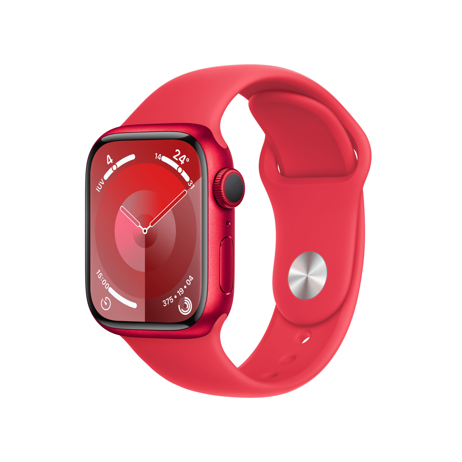 Apple Watch roja con correa roja. La pantalla muestra la hora y la temperatura.