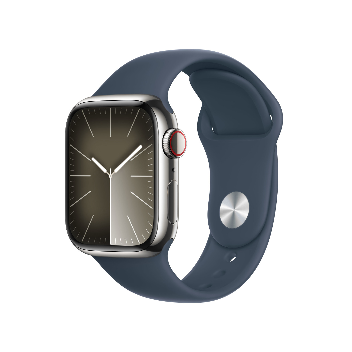 Eine Apple Watch mit silbernem Gehäuse und dunkelblauem Armband.