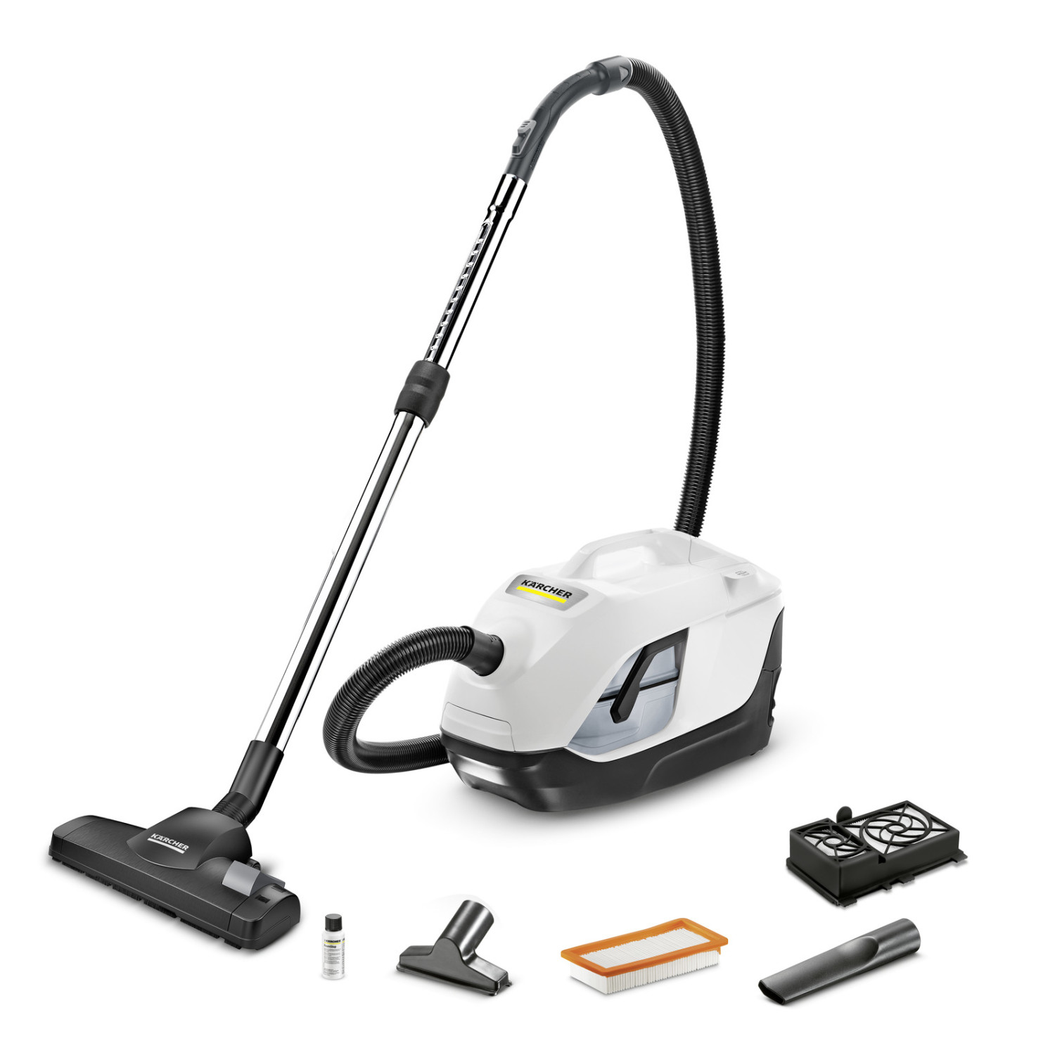 Un aspirateur blanc et noir avec plusieurs accessoires sur fond blanc.