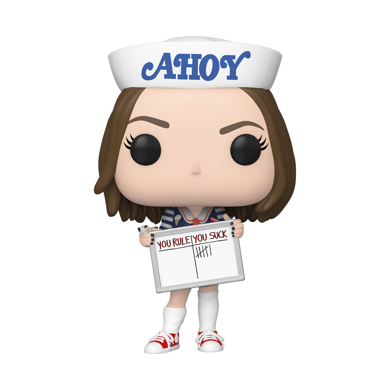 Funko Pop di una donna con cappello da marinaio, che tiene un cartello con scritto 'You rule, you suck'.
