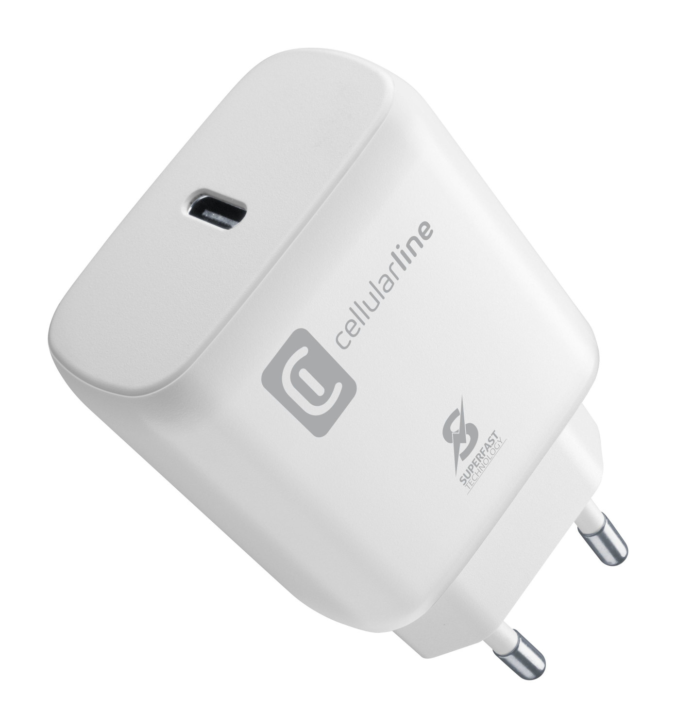 Weißes Celluarline-Ladegerät. Es hat einen USB-C-Anschluss und zwei Stifte.
