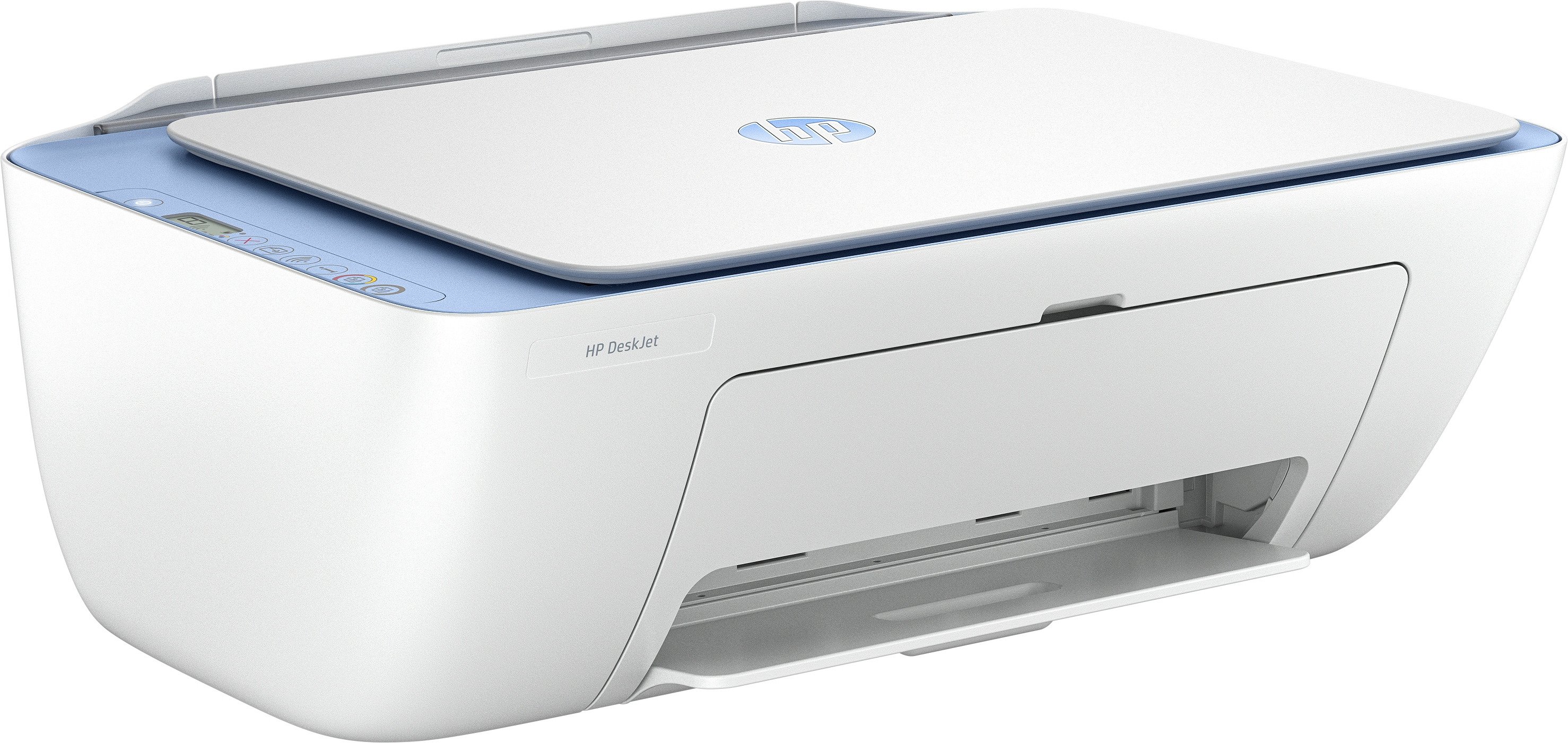 Une imprimante HP DeskJet blanche et bleue. Elle a un couvercle de scanner et un bac à papier.