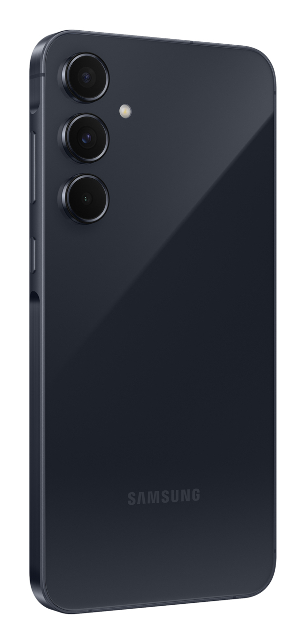 Ciemnoniebieski telefon Samsung, widok z tyłu. Trzy obiektywy aparatu i logo Samsung są widoczne.