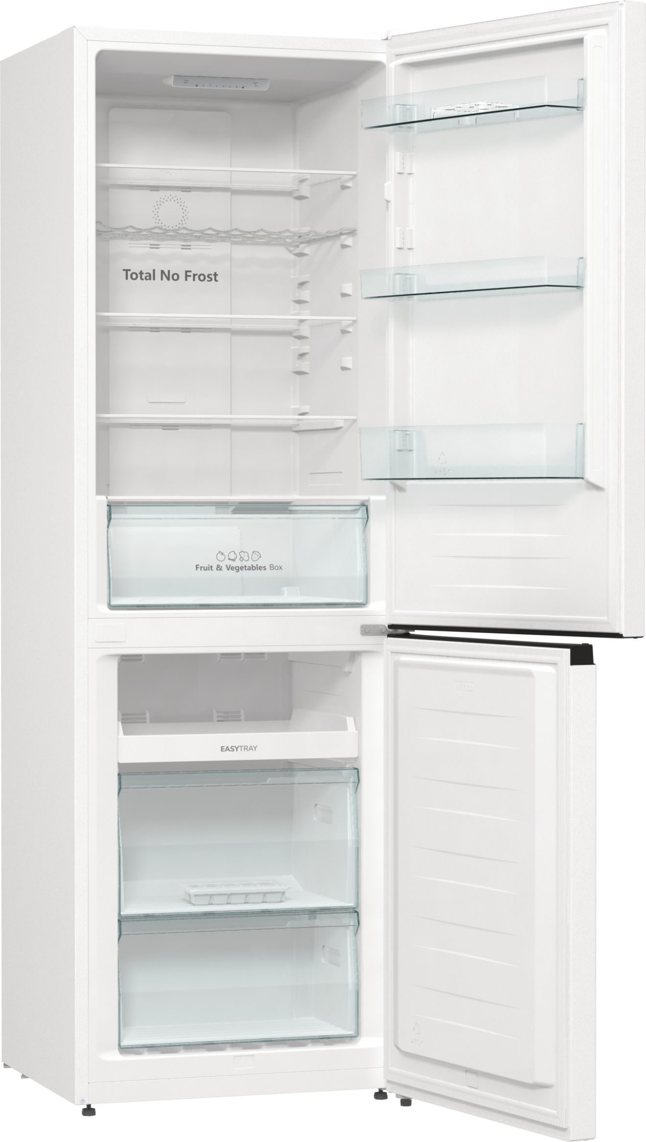 Frigorifero bianco con la porta aperta, che mostra ripiani, cassetti e interno.