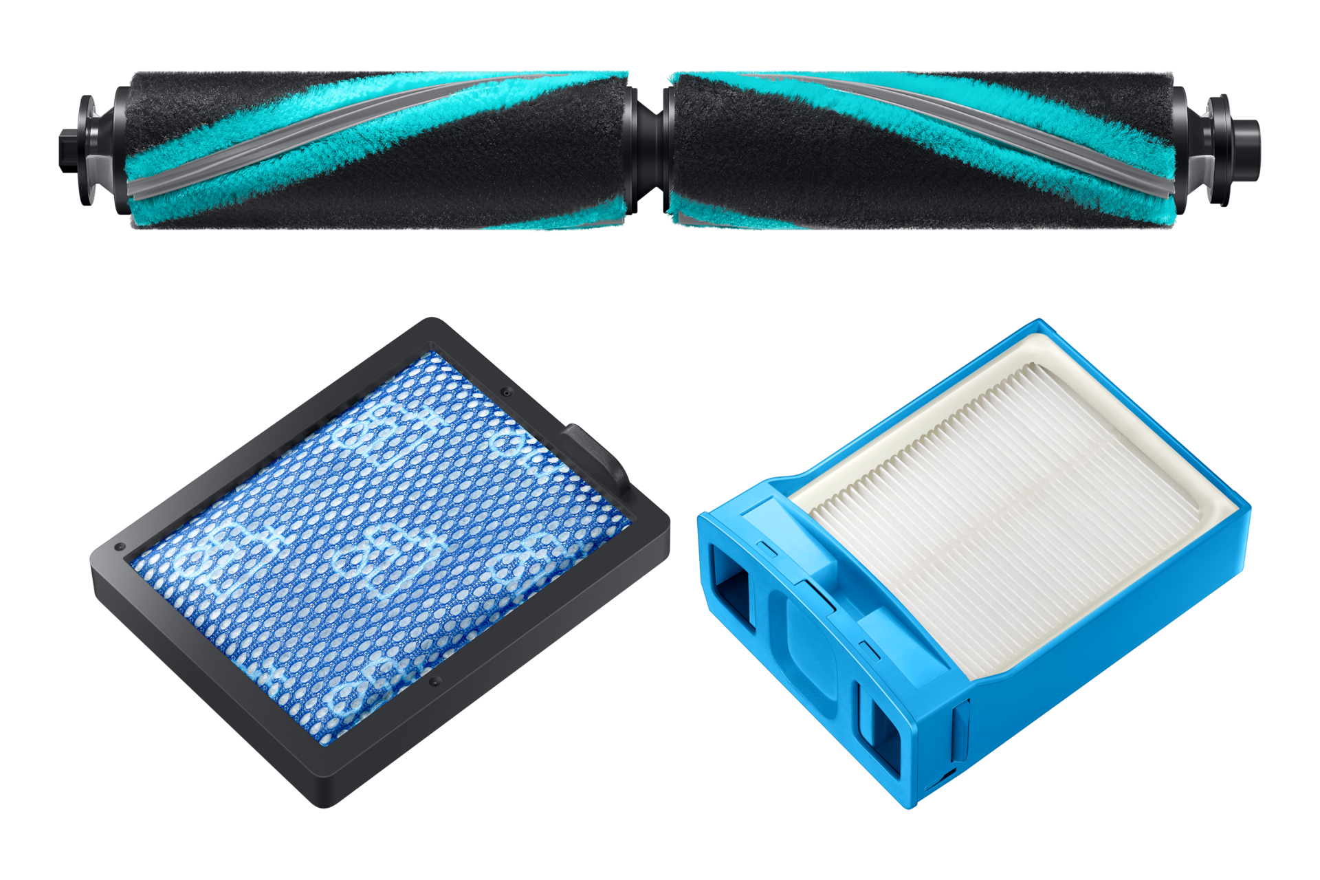 Verschiedene Staubsaugerteile werden angezeigt: Walzenbürsten, Filter (blaues Netz und weiß gefaltet) und eine blaue Komponente.