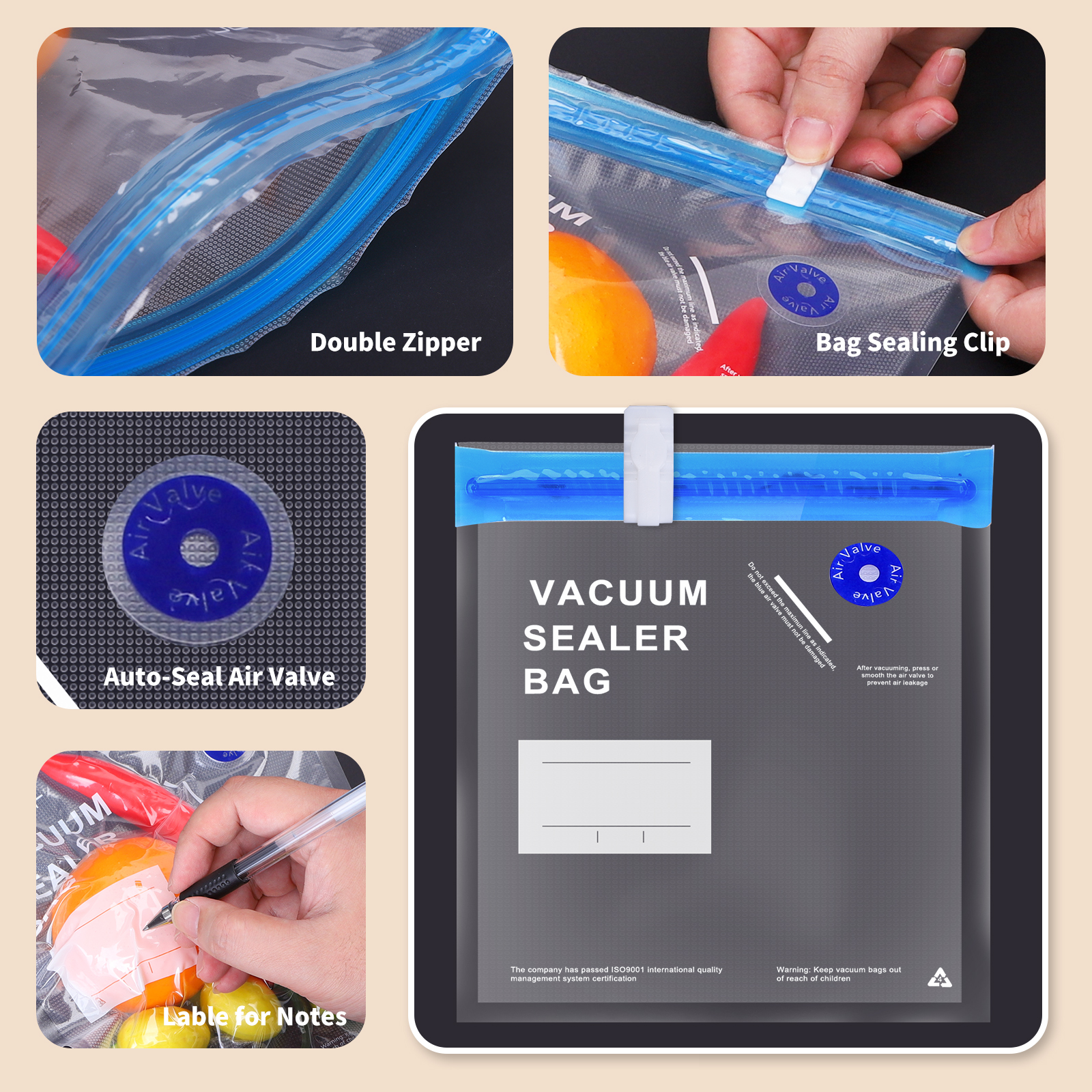 Bolsa selladora al vacío. Muestra detalles: cremallera doble, clip de sellado de bolsa, válvula de aire autosellante y área de etiqueta.