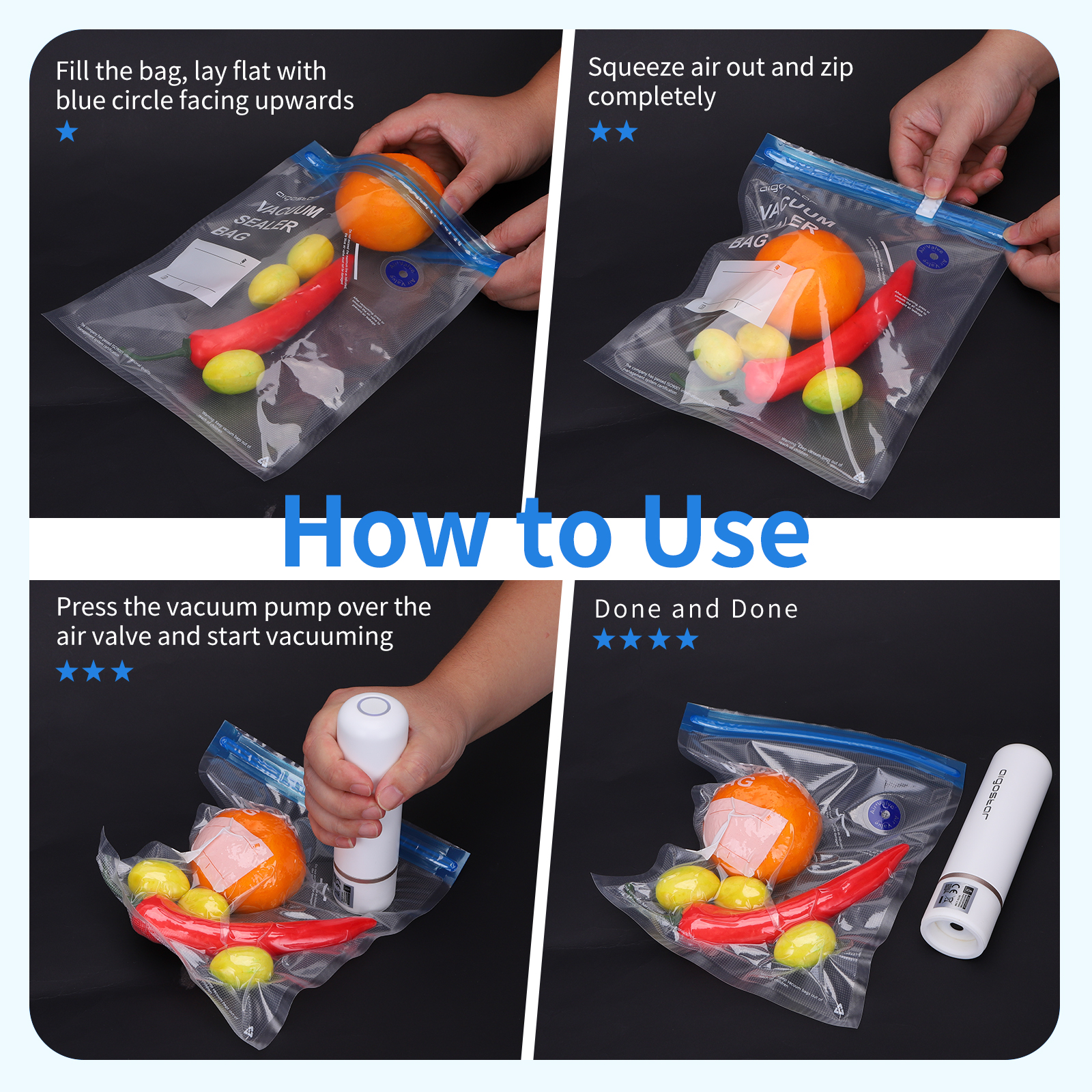 Imagen de cuatro paneles: sellado al vacío de una bolsa con frutas y verduras, bomba y bolsa sellada.