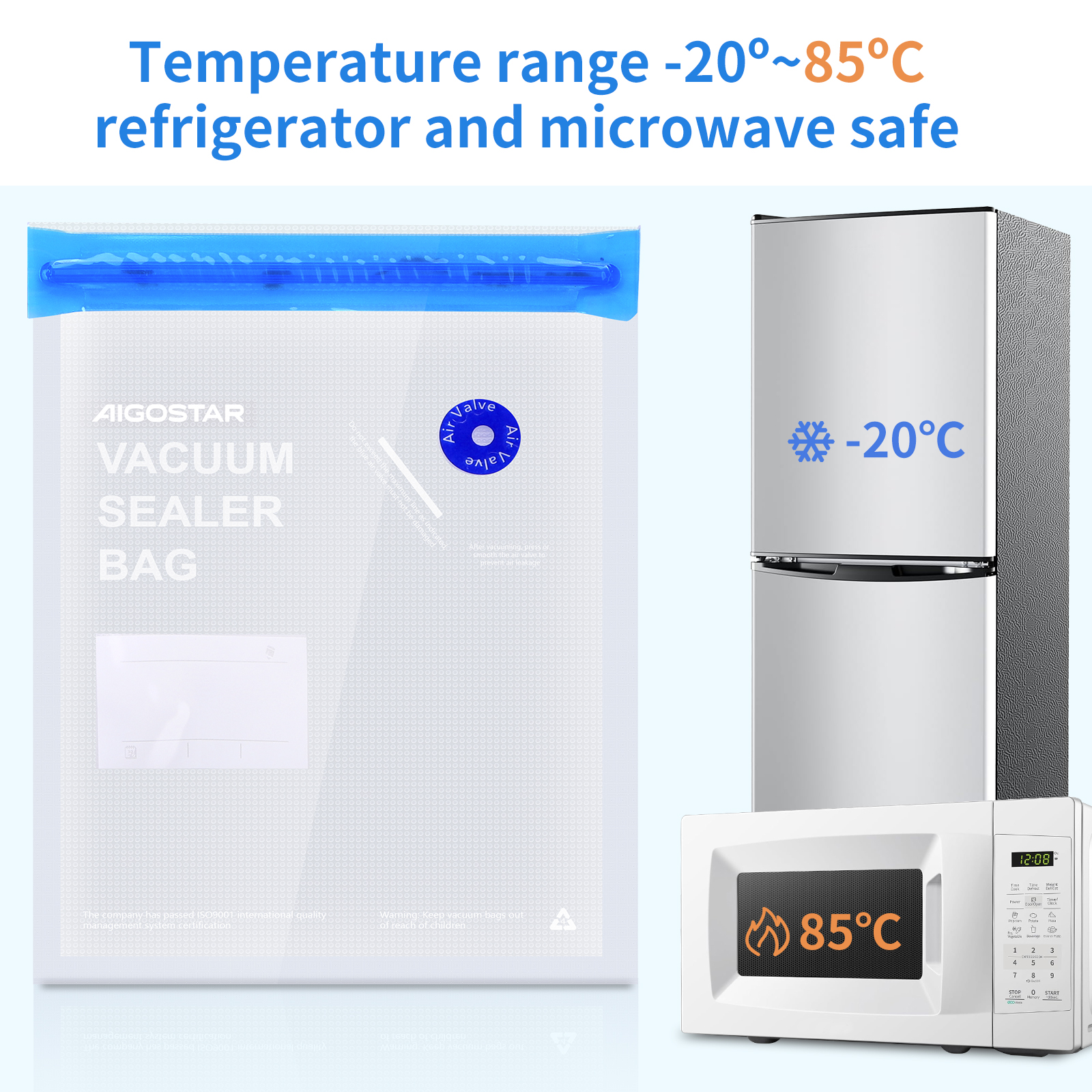 Bolsa selladora al vacío, refrigerador y microondas. Temperaturas de -20°C a 85°C.
