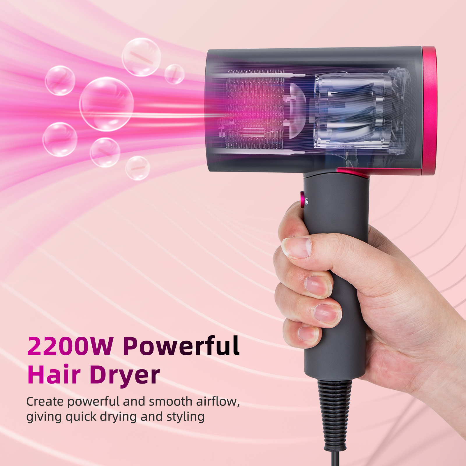 Ein schwarz-rosa Haartrockner, der in einer Hand gehalten wird. Rosa Luft strömt mit Blasen aus. Text: '2200W Haartrockner'.