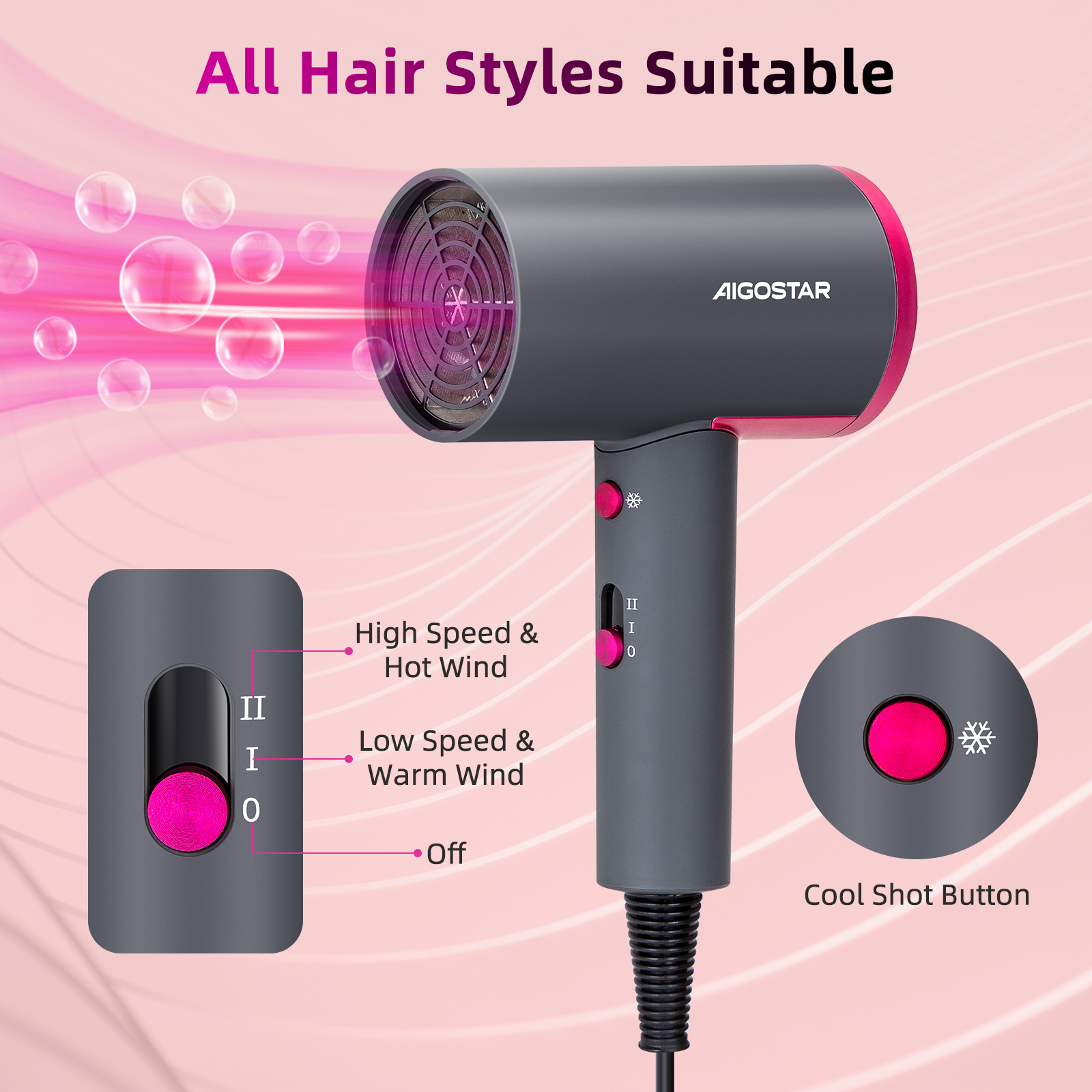 Grauer Aigostar Haartrockner mit rosa Akzenten, mit Bedienelementen und Blasen-Effekt.