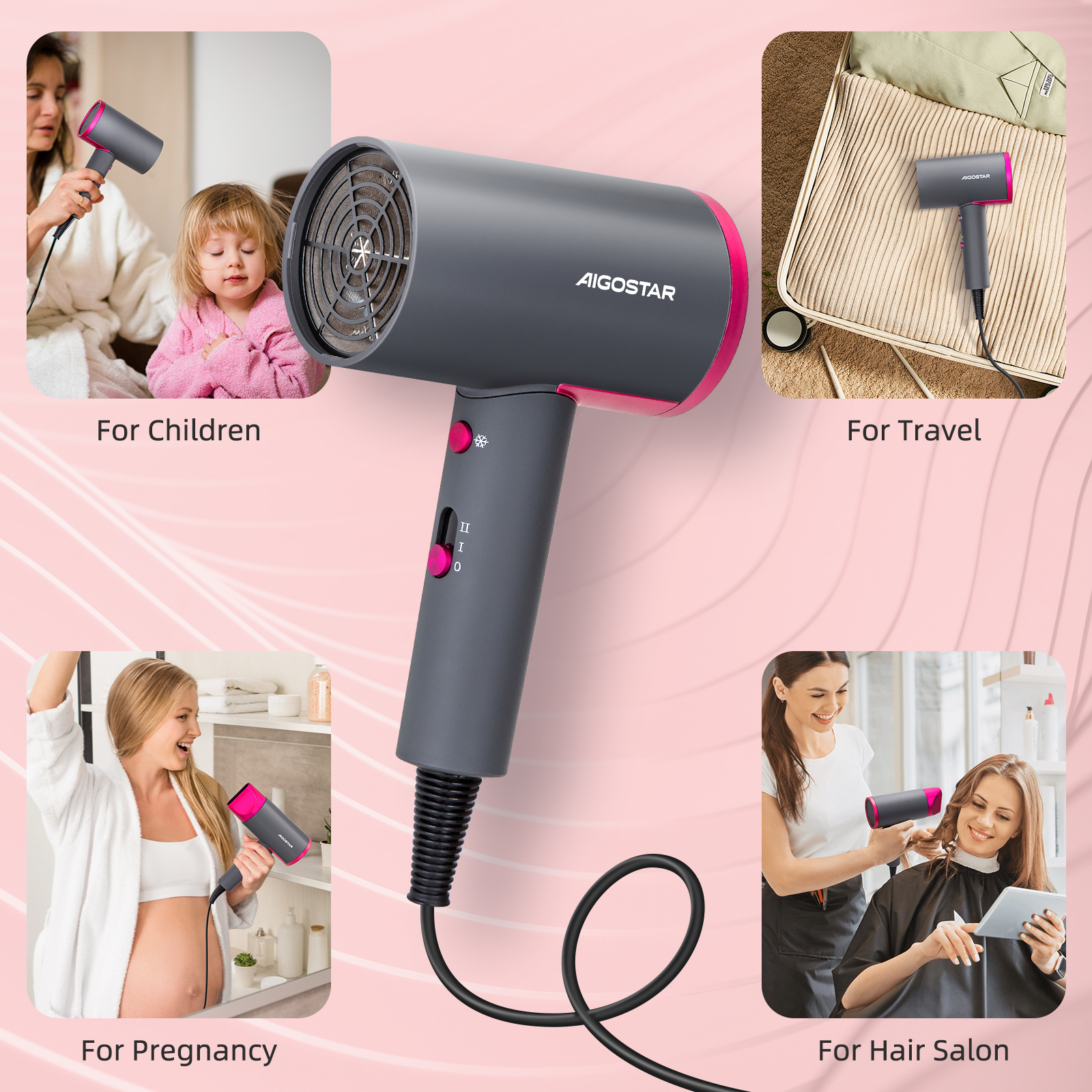 Haartrockner mit rosa Akzenten. Gezeigt mit Szenen: Kinder, Reisen, Schwangerschaft und Friseursalon.