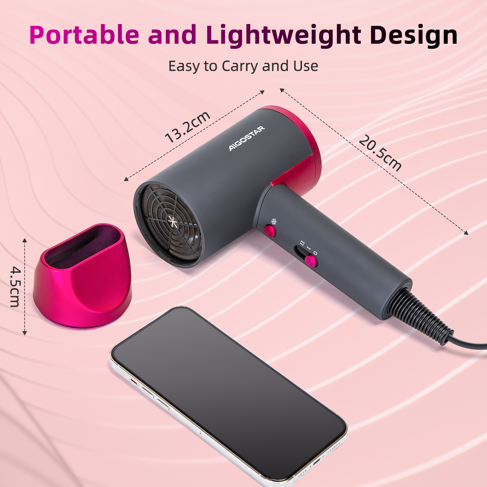 Ein grauer Haartrockner mit rosa Akzenten, einem Ständer und einem Telefon. Text: Tragbares und leichtes Design.