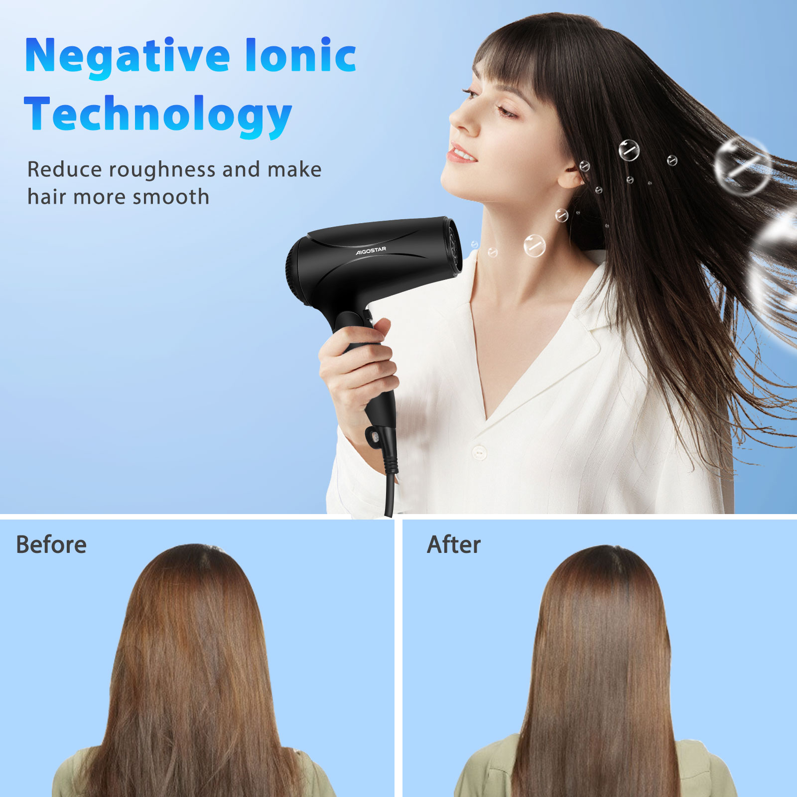 Una mujer usando un secador de pelo negro. Imágenes de antes y después muestran la reducción de la rugosidad.