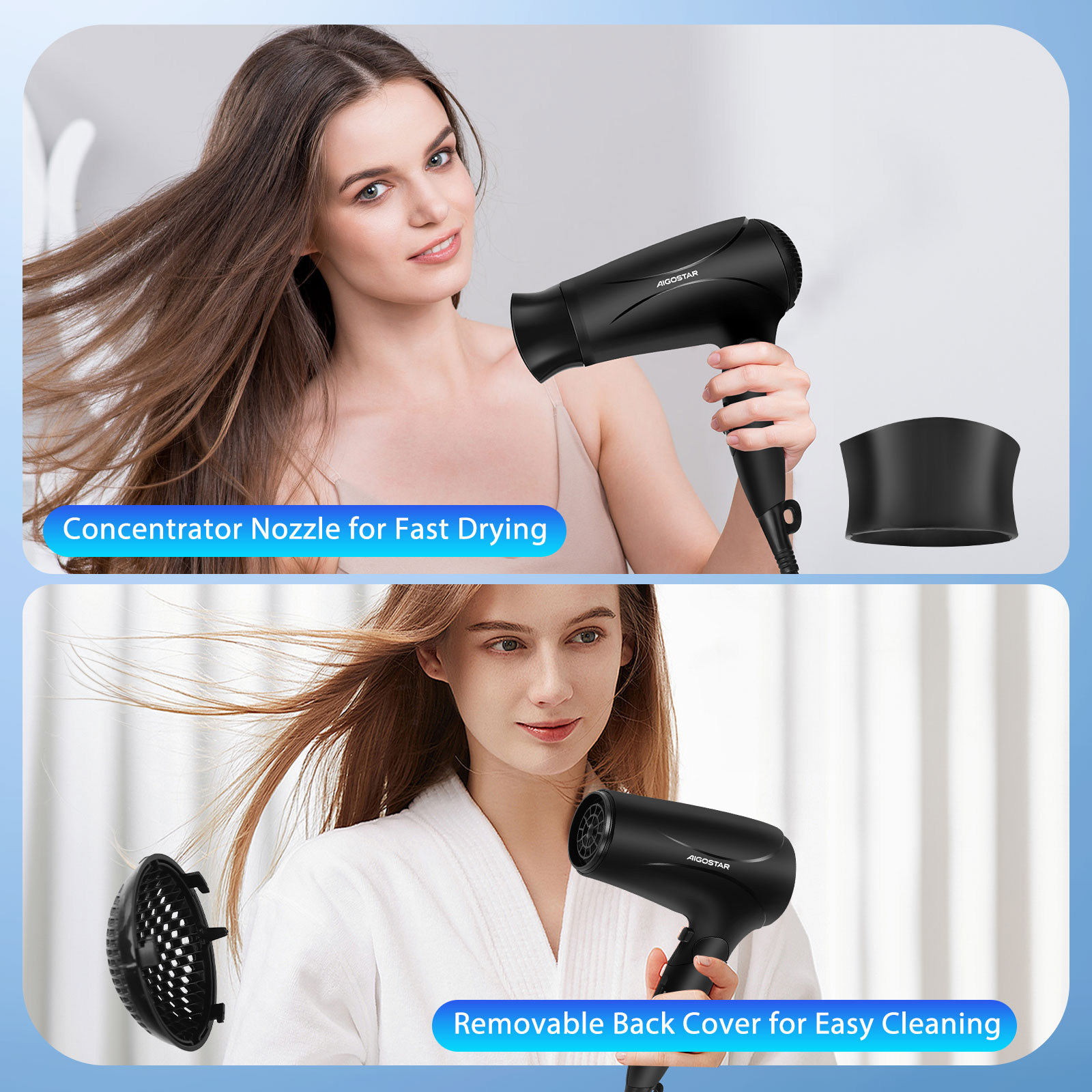 Mujer secando cabello con secador negro y accesorios. Textos: Secado rápido y fácil limpieza.