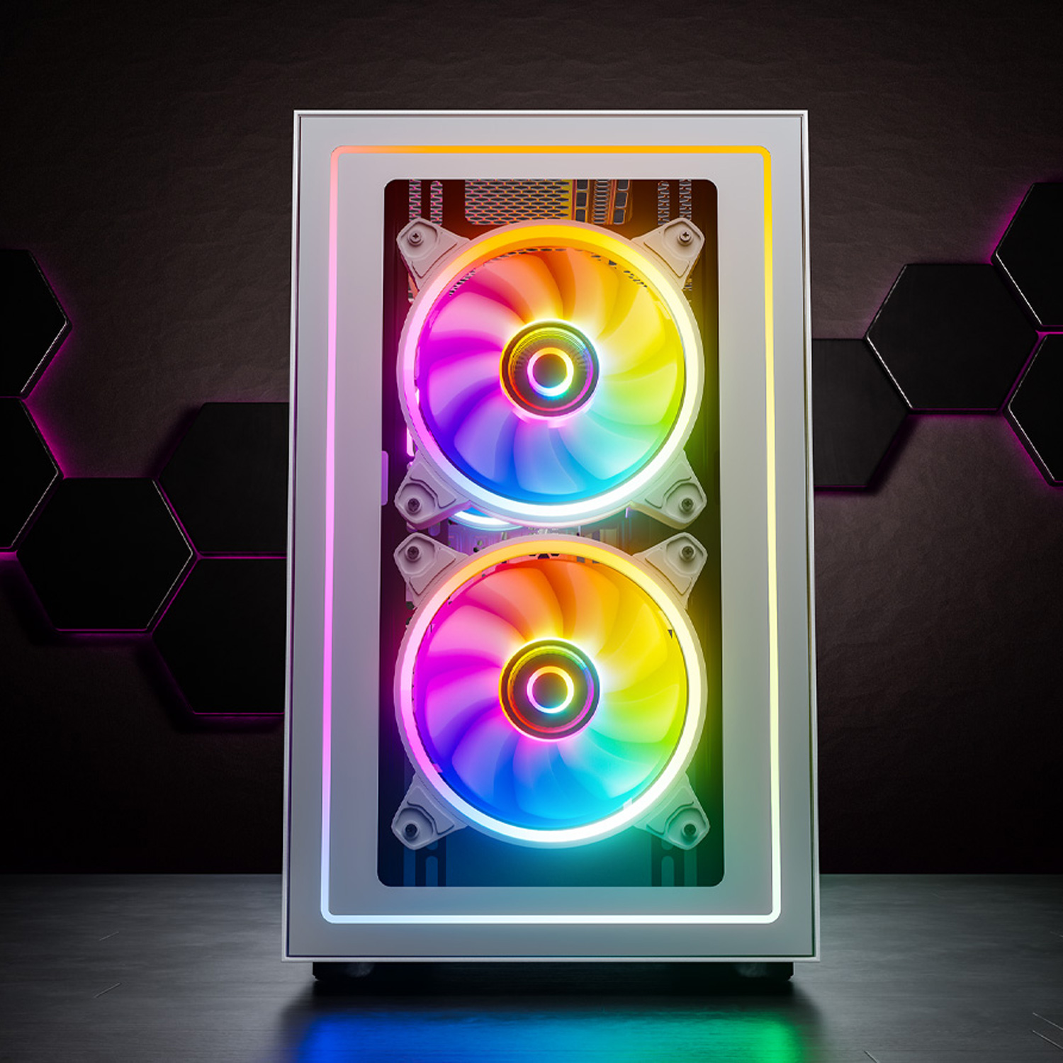 Ein Computergehäuse mit Lüftern mit Regenbogenlichtern, das auf einem schwarzen Boden steht.