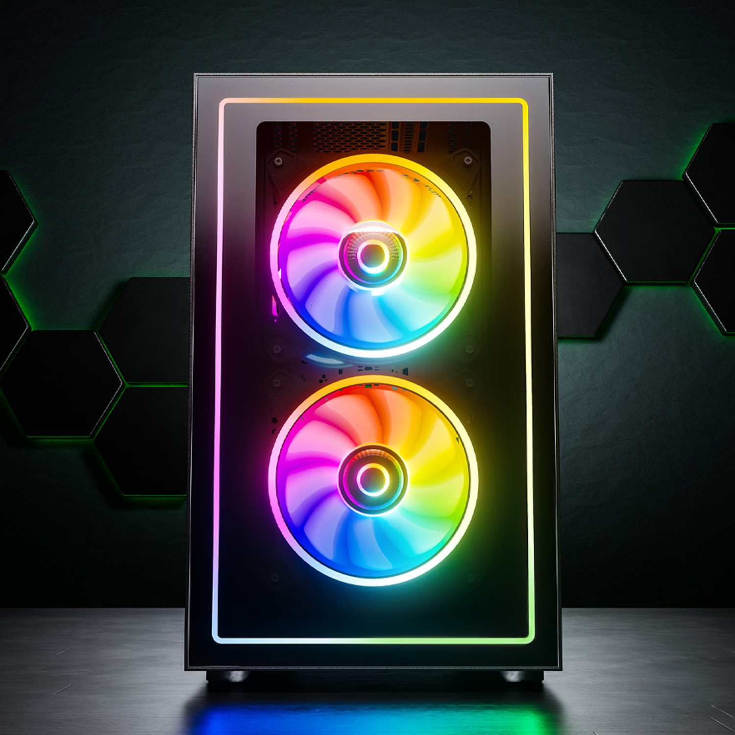 Computergehäuse mit RGB-Lüftern. Glasfront, schwarzer Rahmen. Lüfter leuchten bunt. Dunkler Hintergrund.