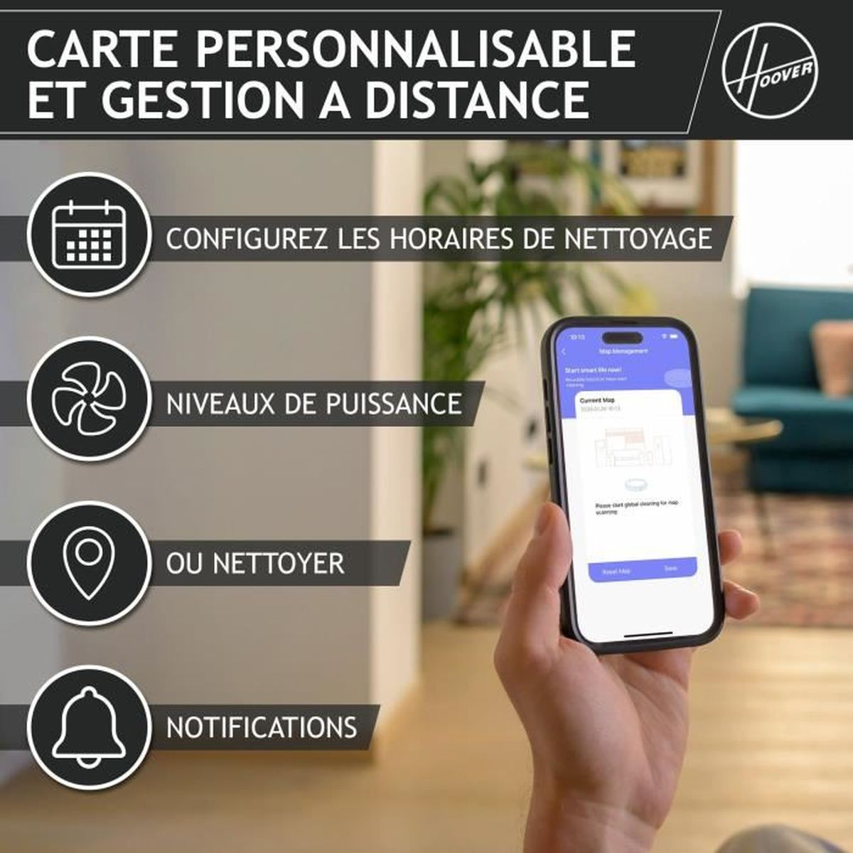 Hand mit Smartphone, App-Icons und Text, Marke Hoover, umgebende Icons.