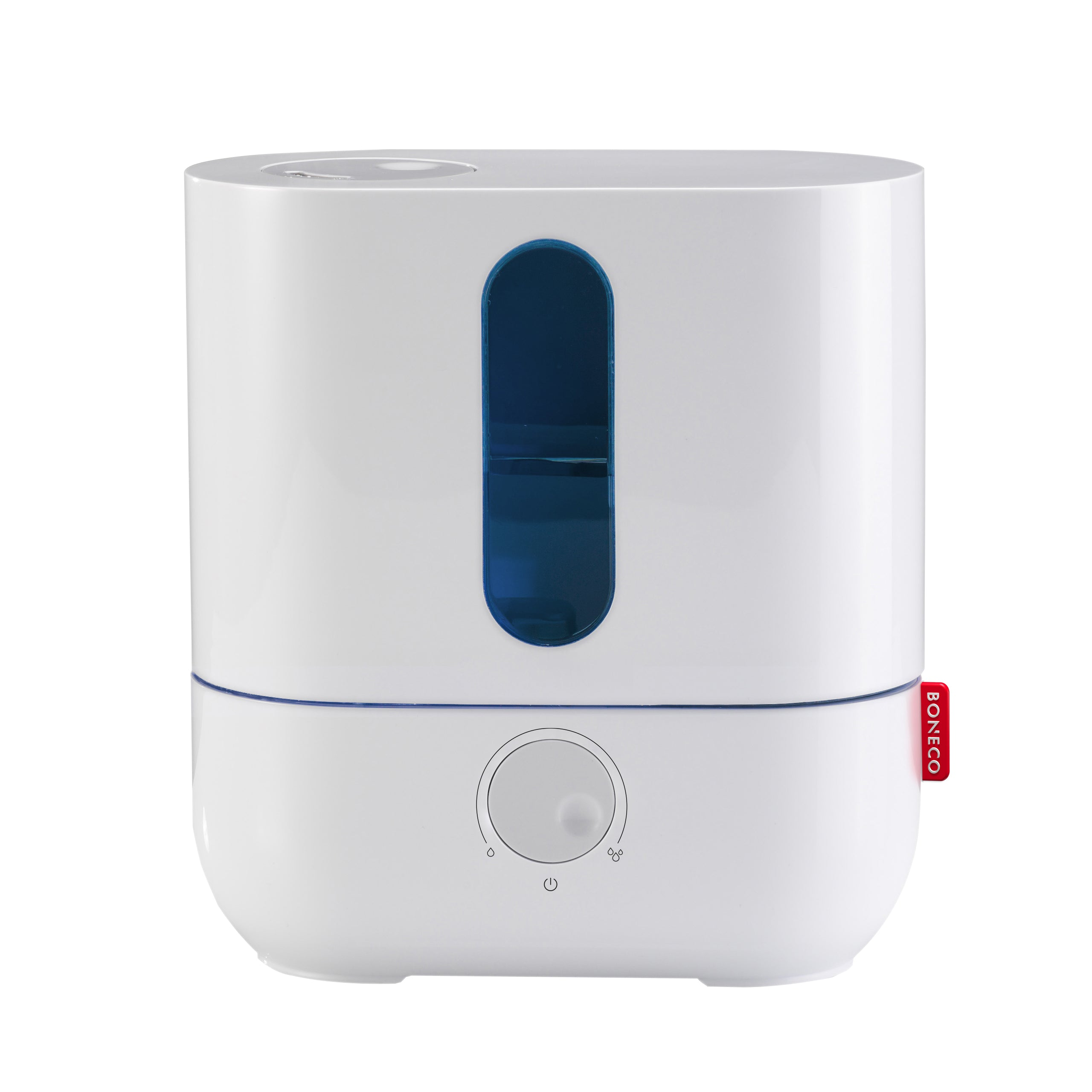 Umidificatore bianco e blu, isolato su sfondo bianco.