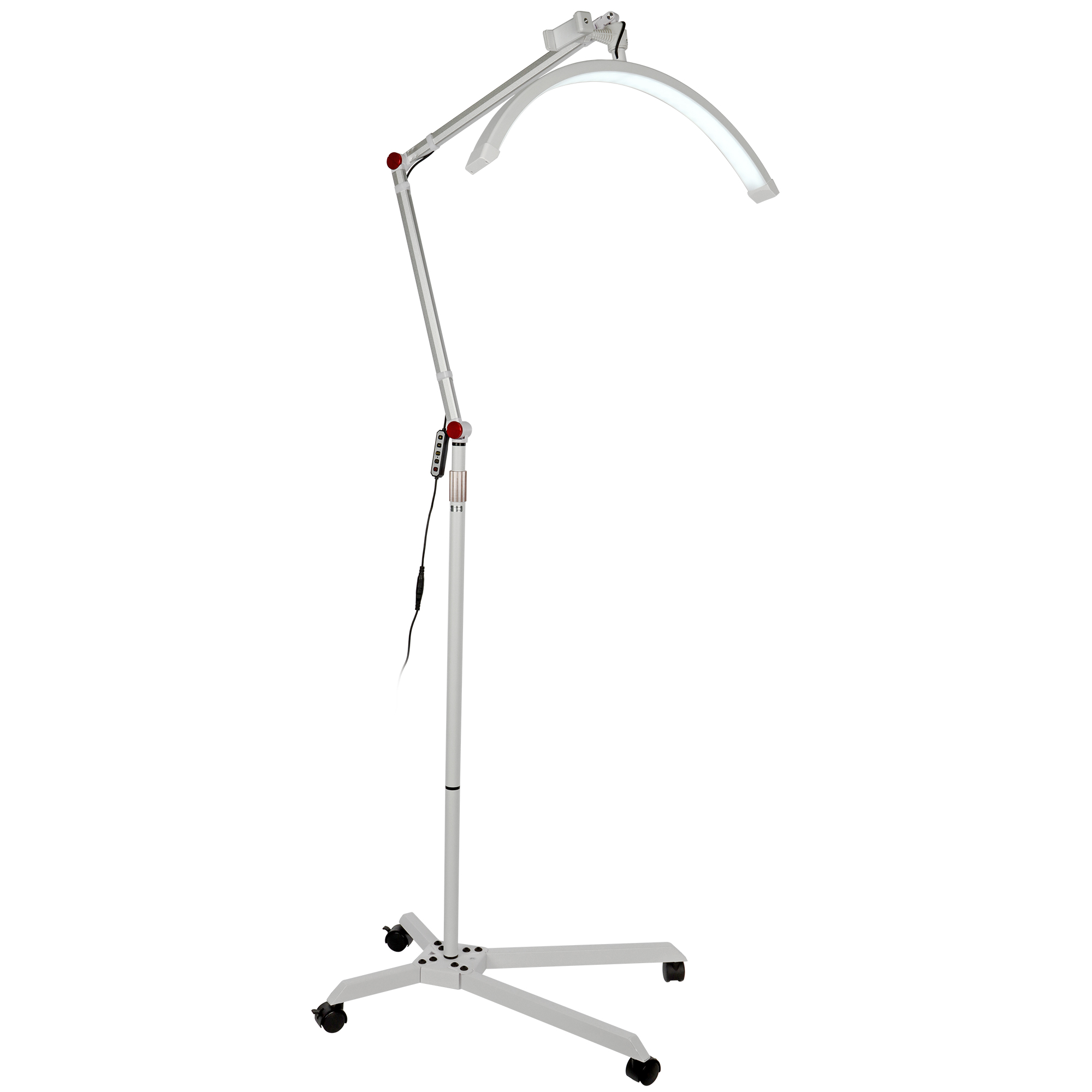 Stehlampe. Einstellbares weißes Licht. Bogenform. Silberner Ständer mit Rollen. Weißer Hintergrund.