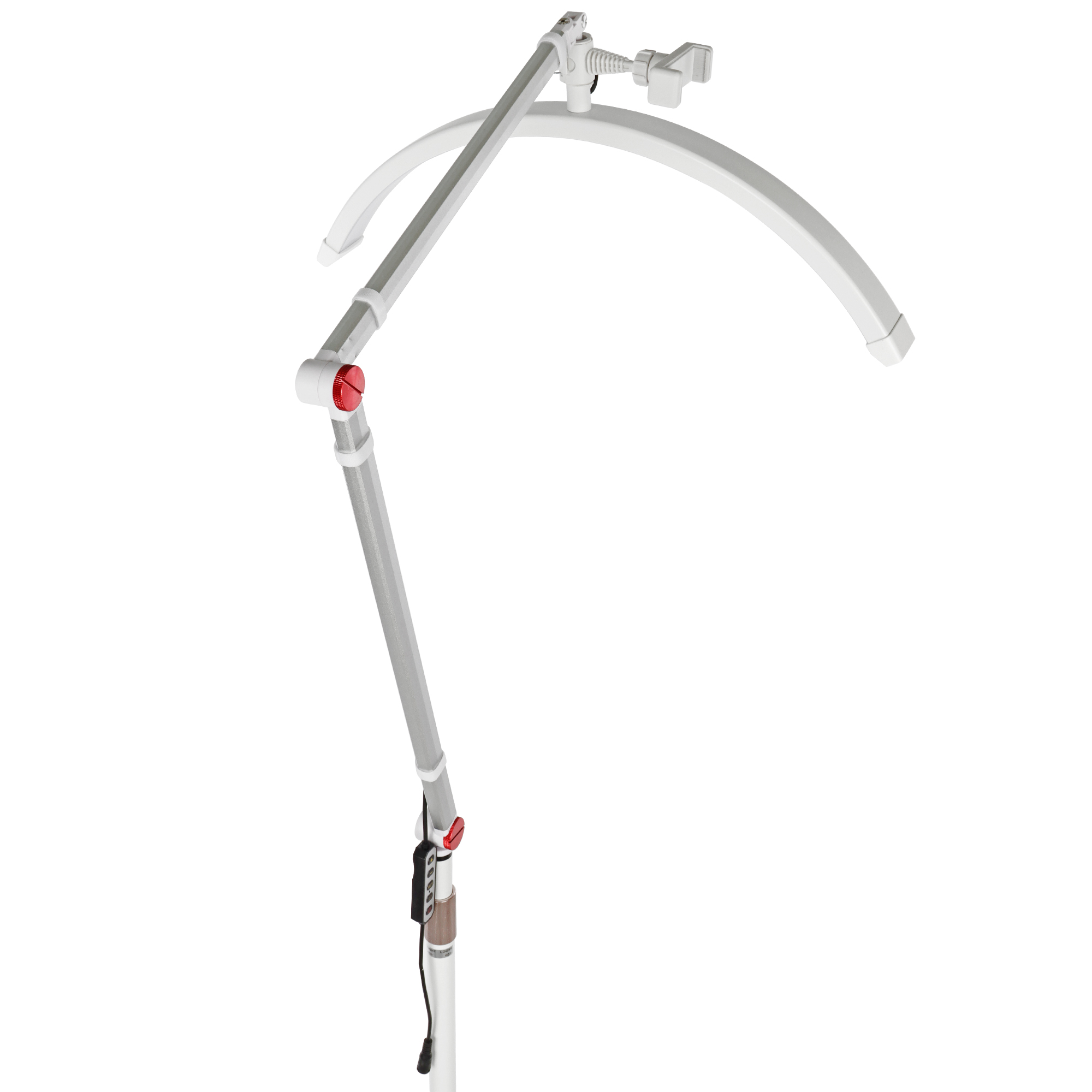Weiße und silberne medizinische Lampe. Roter Knopf am Arm. Isoliert auf weißem Hintergrund.