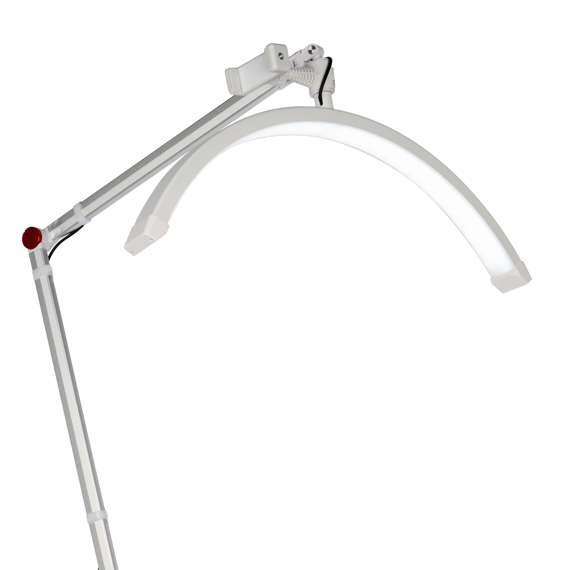 Weiße bogenförmige Lampe mit rotem Knopf und silbernem Ständer. Weißer Hintergrund.