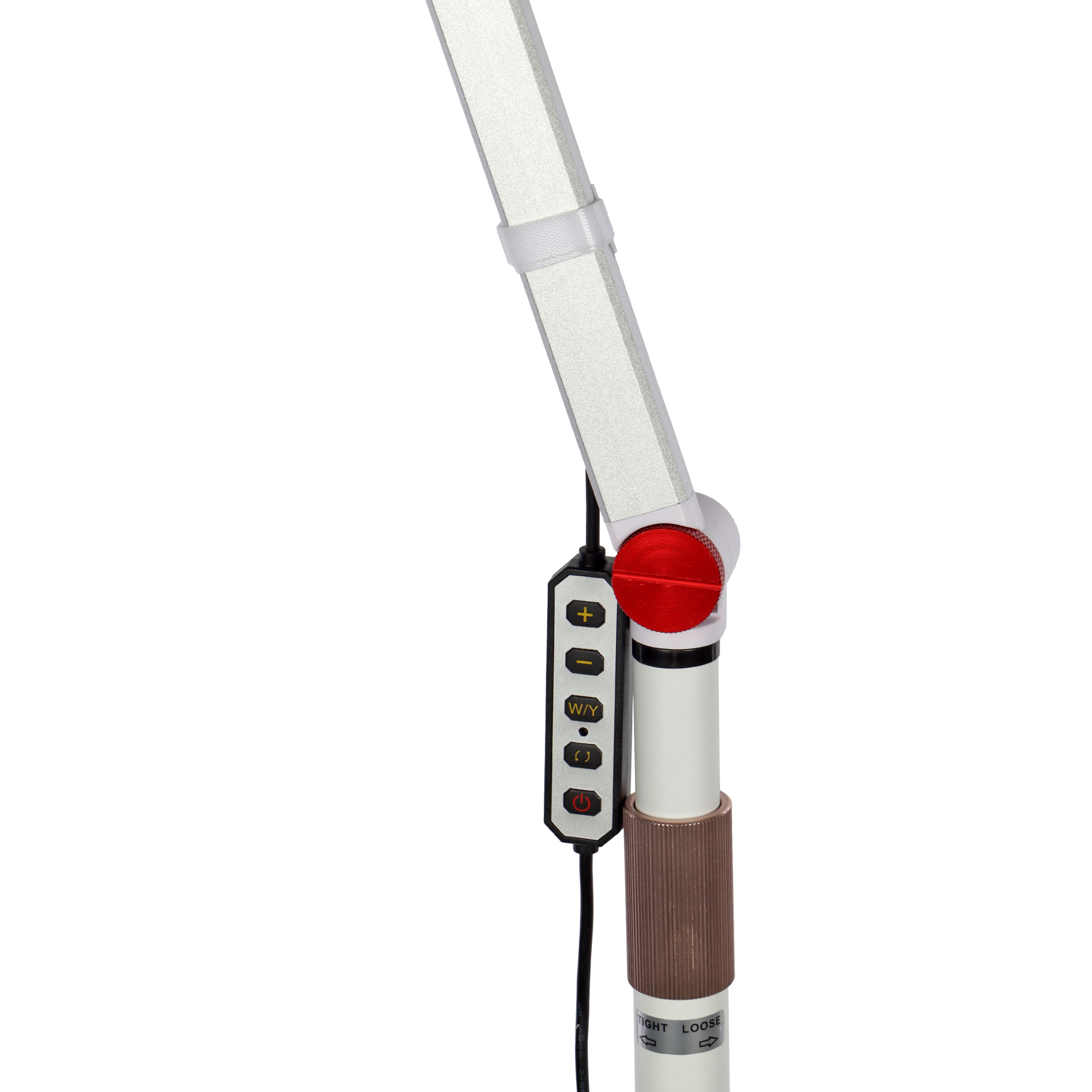 Silberne Lampe mit rotem Einstellknopf, weißem Pol und Steuertasten.