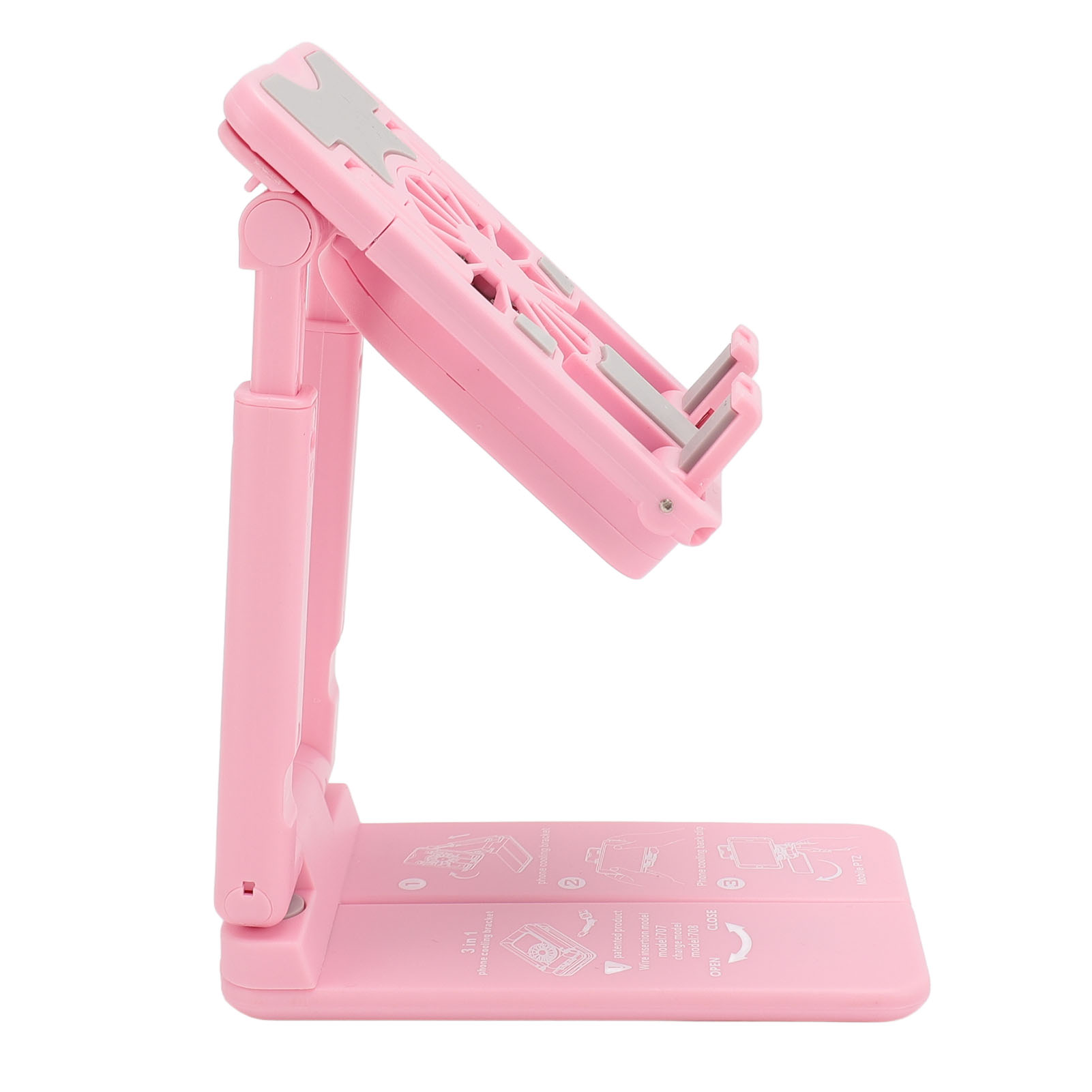 Ein rosa Tablet-Ständer ist geöffnet dargestellt. Er ist verstellbar und hat eine Basis mit Text.