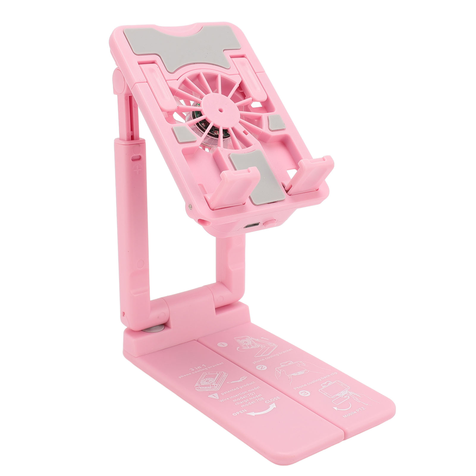 Rosa Telefonständer mit Ventilator. Der Ständer ist faltbar und hat ein graues Pad und Anweisungen.