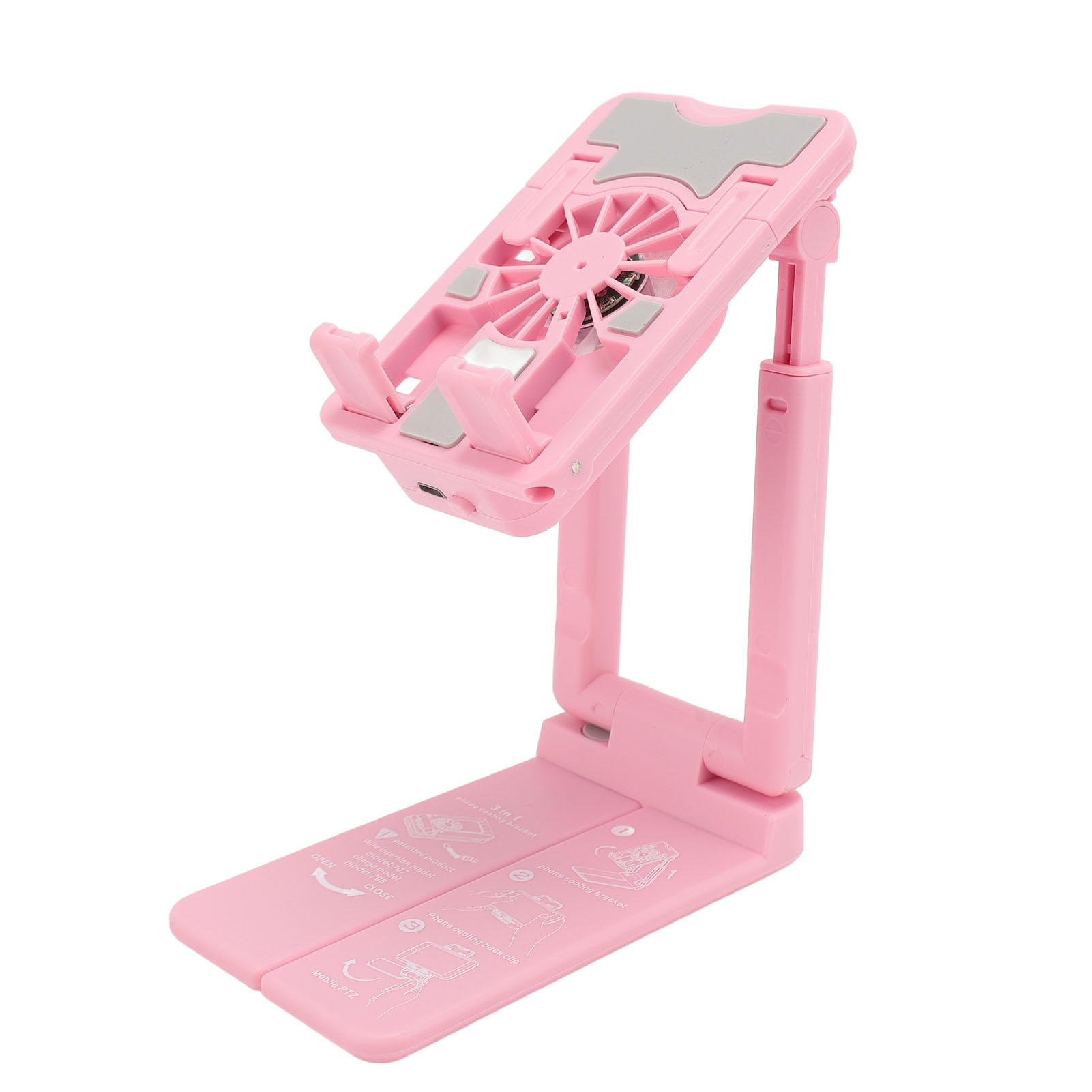 Rosa Telefonständer mit Lüfter und faltbarem Sockel. Es hat einen USB-Anschluss.