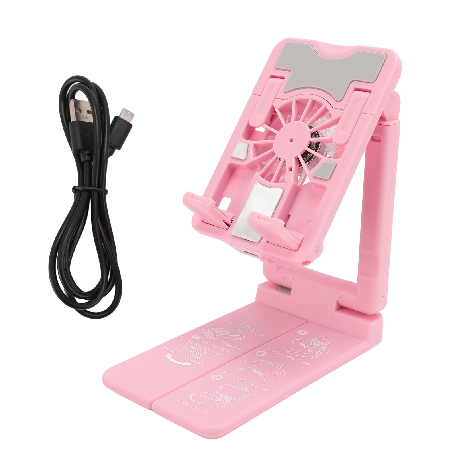 Rosa Telefonhalter mit Lüfter und USB-Kabel, faltbares Design, weißer Hintergrund.