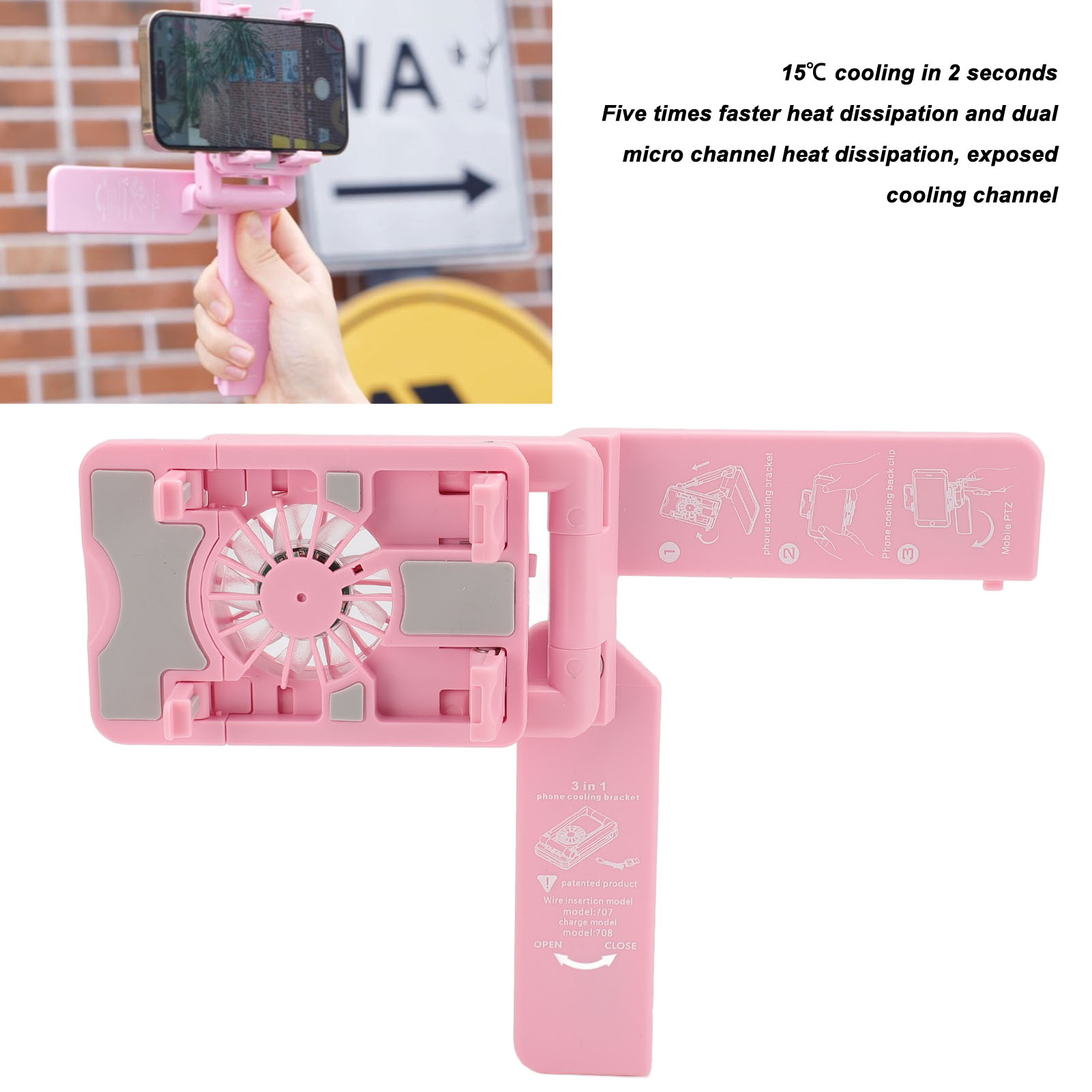 Rosa Telefonständer mit Telefon. Eine Hand hält den Ständer und zeigt den Lüfter und die verstellbaren Teile.
