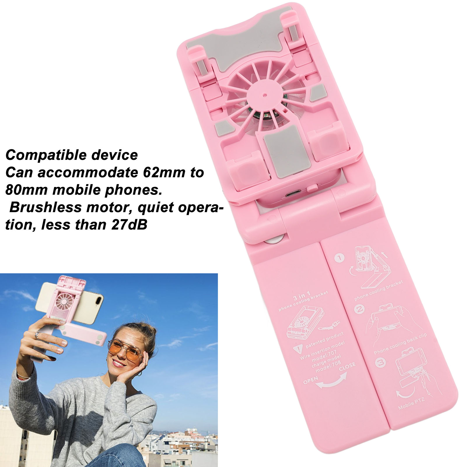 Rosa Telefon-Kühlhalterung mit Ventilator und Frau, die Selfie macht, Himmelshintergrund.