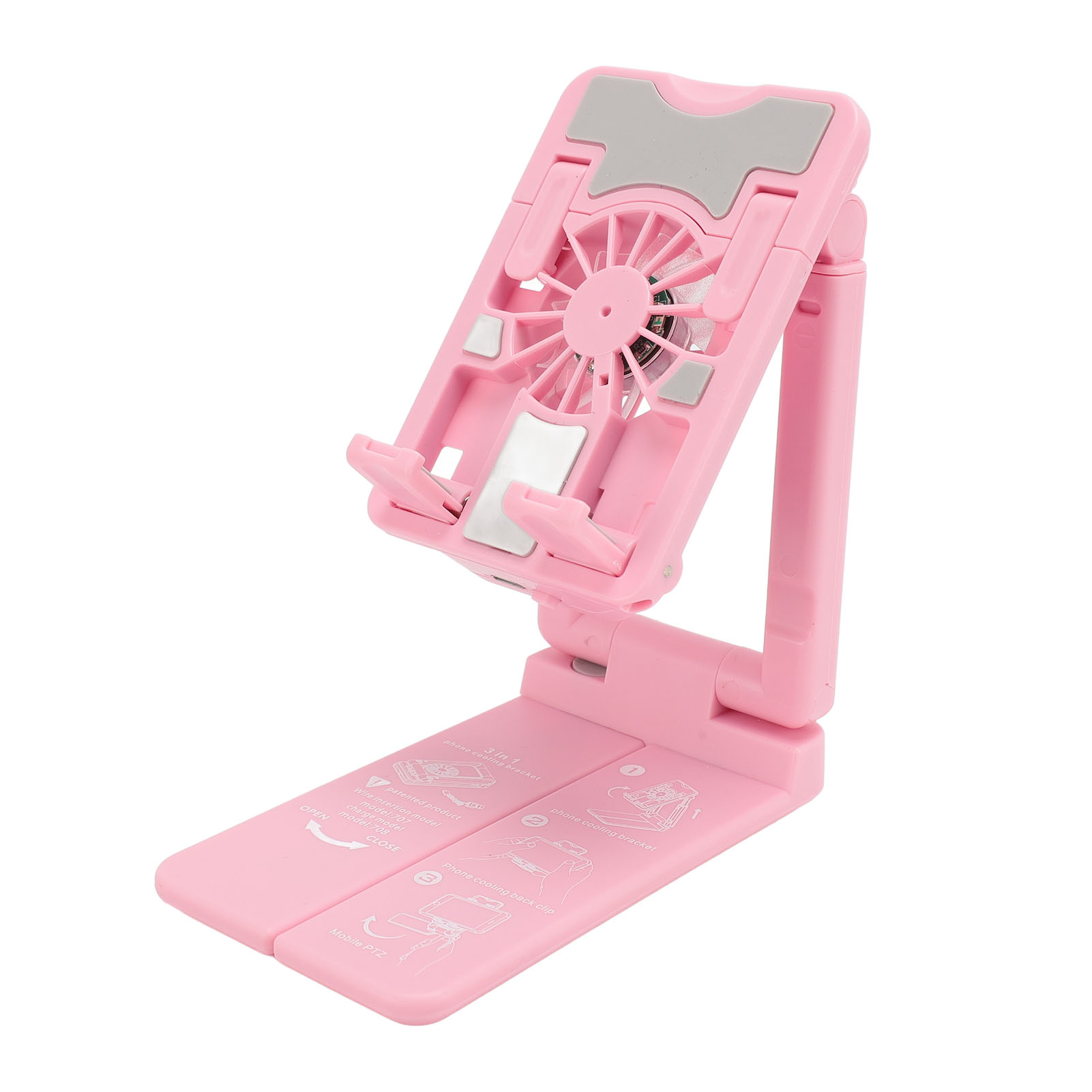 Pinkfarbener, zusammenklappbarer Telefonständer mit Ventilator, offen und gefaltet gezeigt.