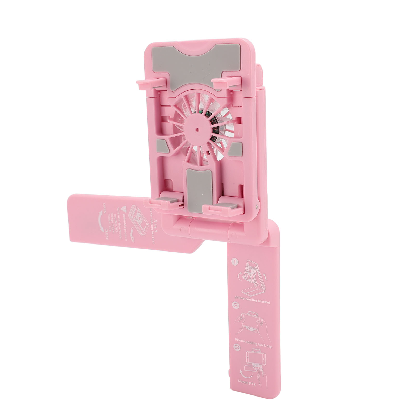Rosa Telefonständer mit Kühlventilator. Er ist faltbar.