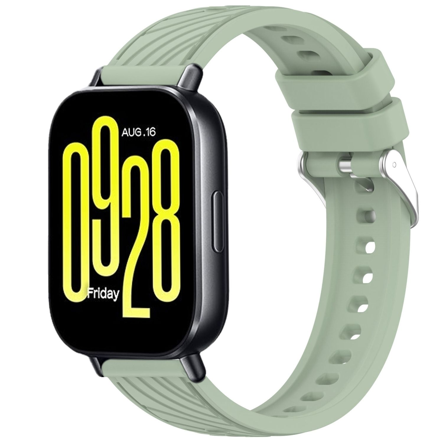 Smartwatch mit hellgrünem Armband. Der Bildschirm zeigt Datum und Uhrzeit.