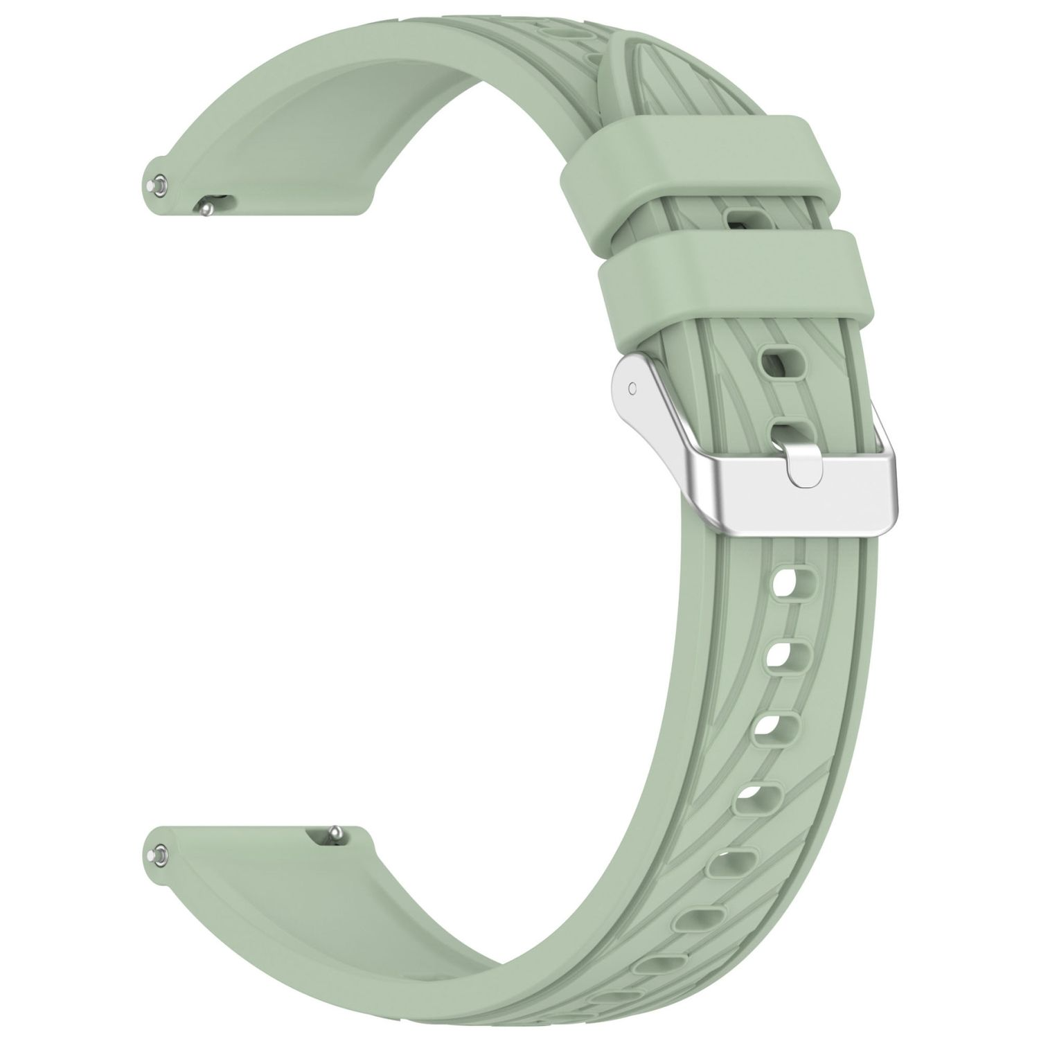 Ein hellgrünes Uhrenarmband mit silberner Schnalle. Das Armband hat ein Streifenmuster.