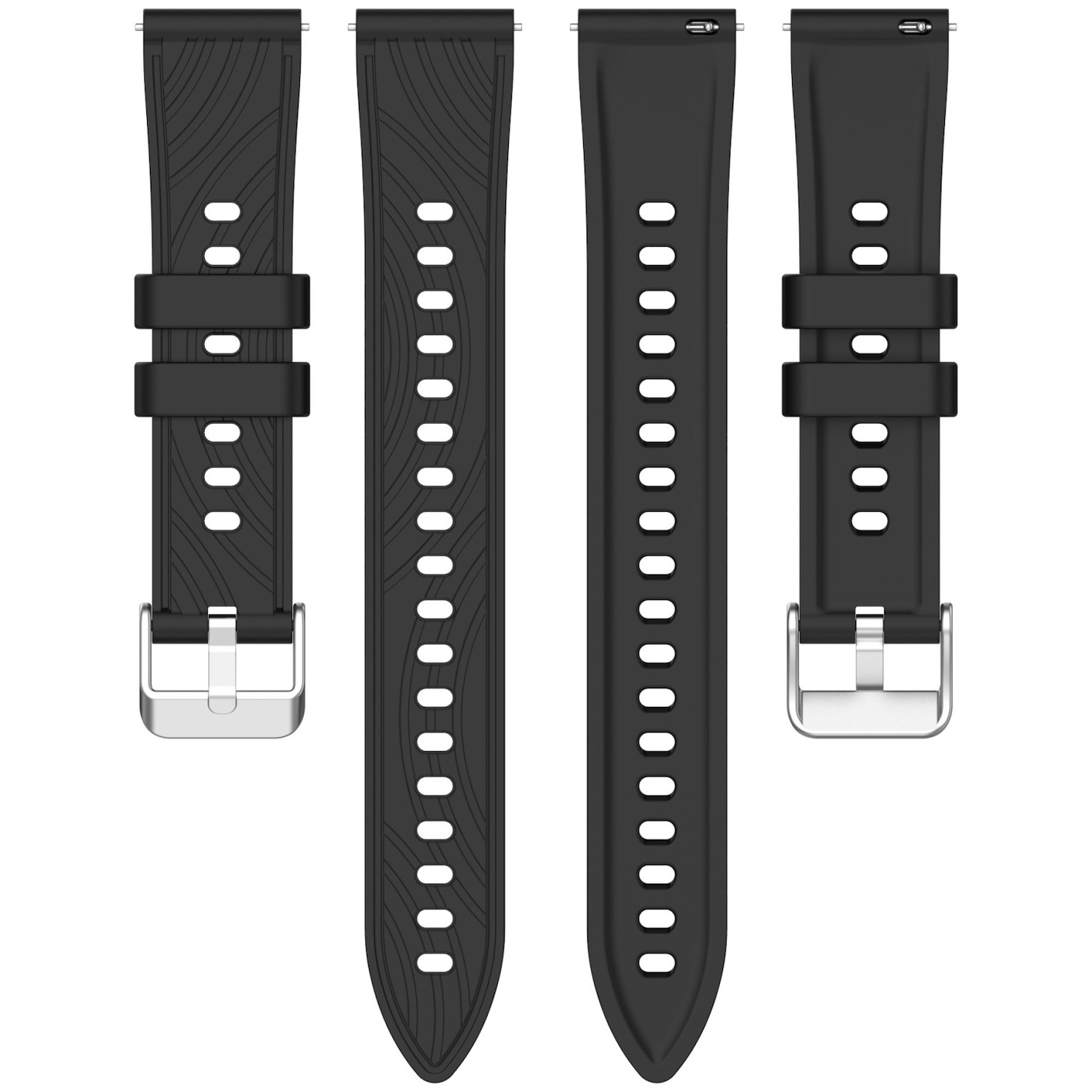 Vier schwarze Uhrenarmbänder mit silbernen Schnallen. Zwei Bänder haben Löcher, zwei haben Muster.