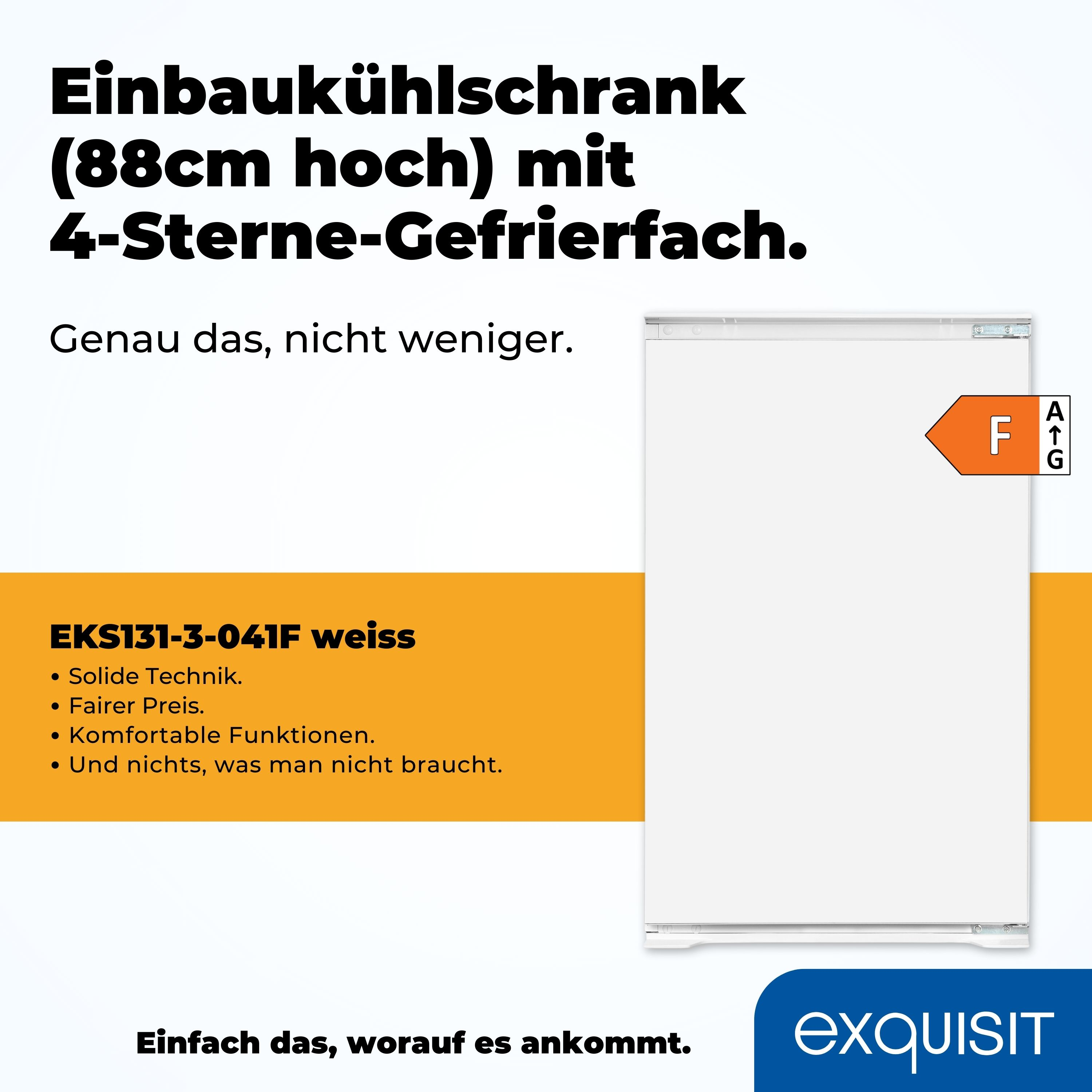 Ein weißer Kühlschrank mit Text, weißem Hintergrund und Energieetikett.
