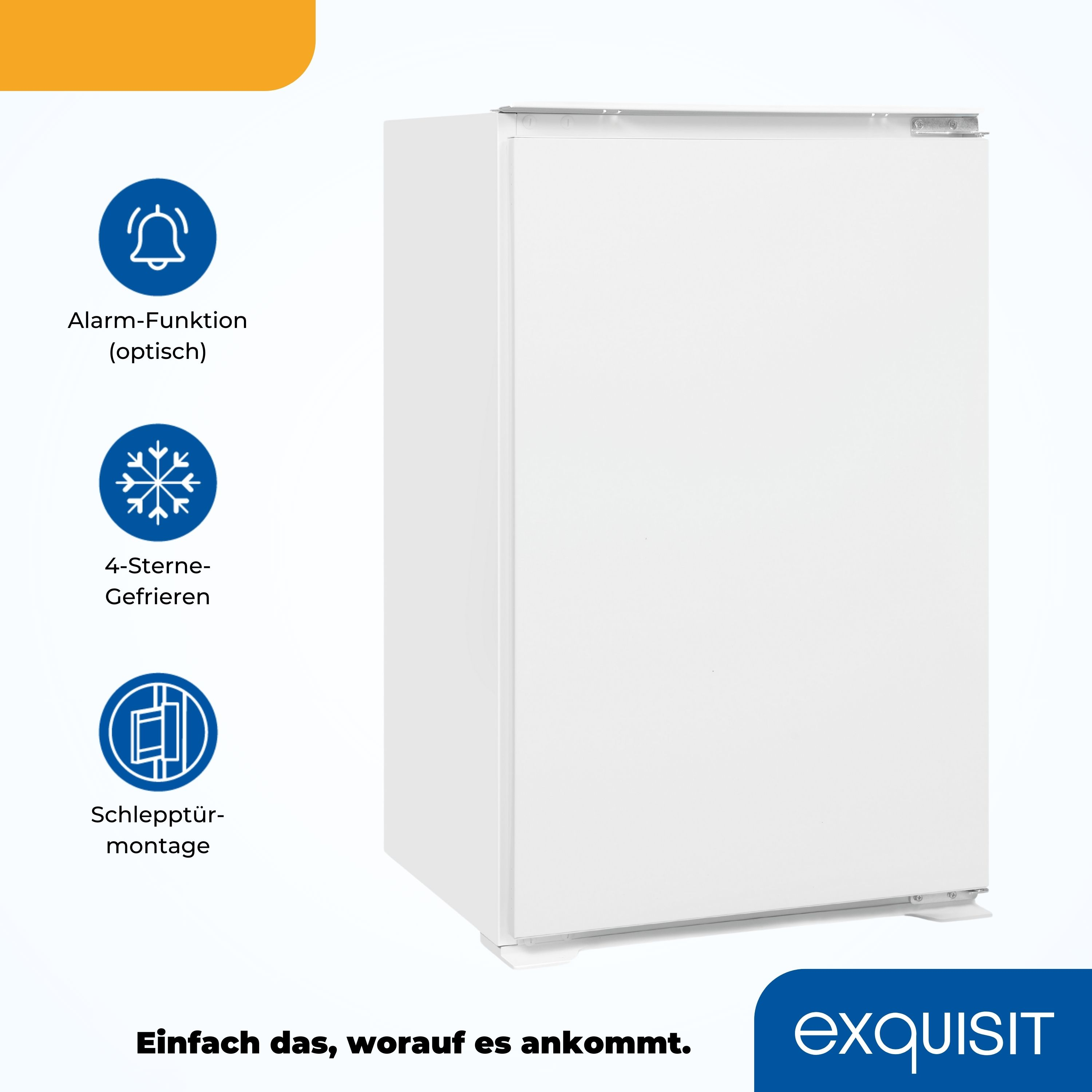 Weißer Mini-Kühlschrank mit Funktionssymbolen. Text: Alarmfunktion, 4-Sterne-Gefrieren und Tür-auf-Tür-Montage. Exquisit-Logo.