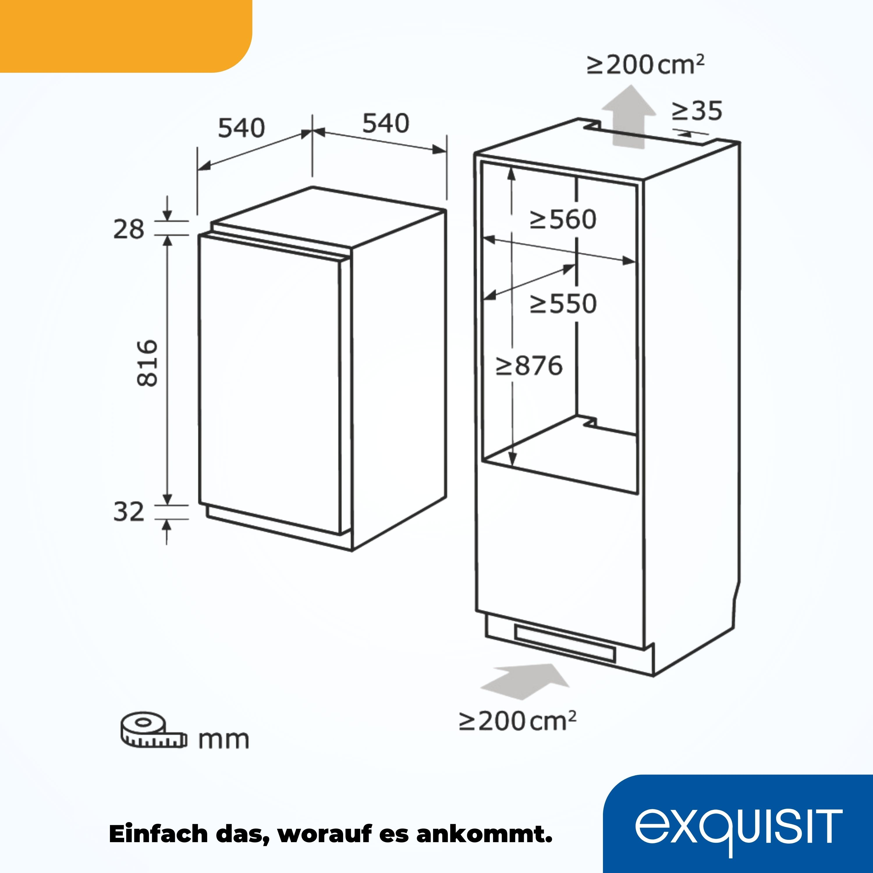 Diagramm eines Einbaukühlschranks. Maße in Millimetern angegeben. Weißer Hintergrund.