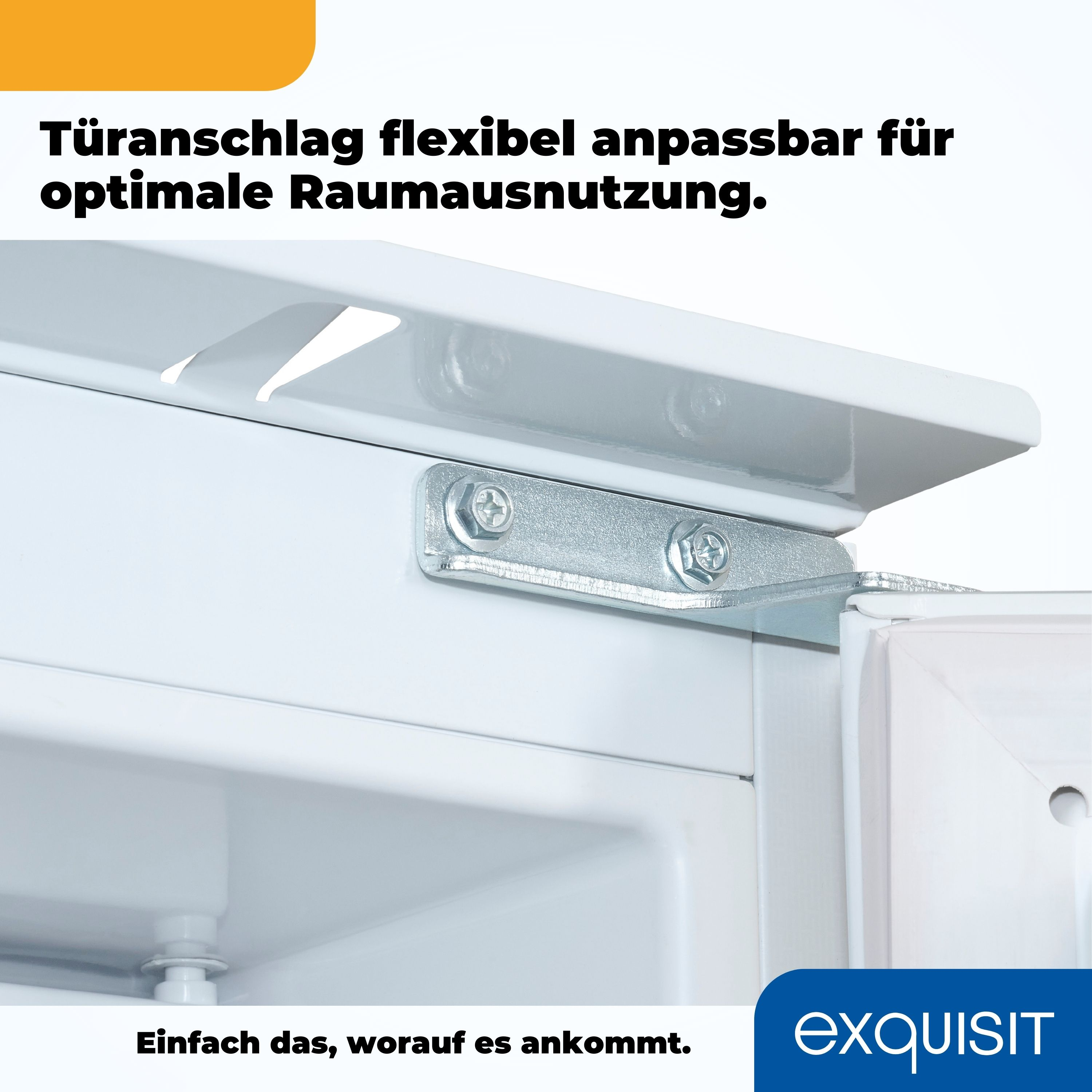 Weißes Türscharnier mit silberner Metallhalterung und Schrauben. Weißer Türrahmen und gelber Text Hintergrund.