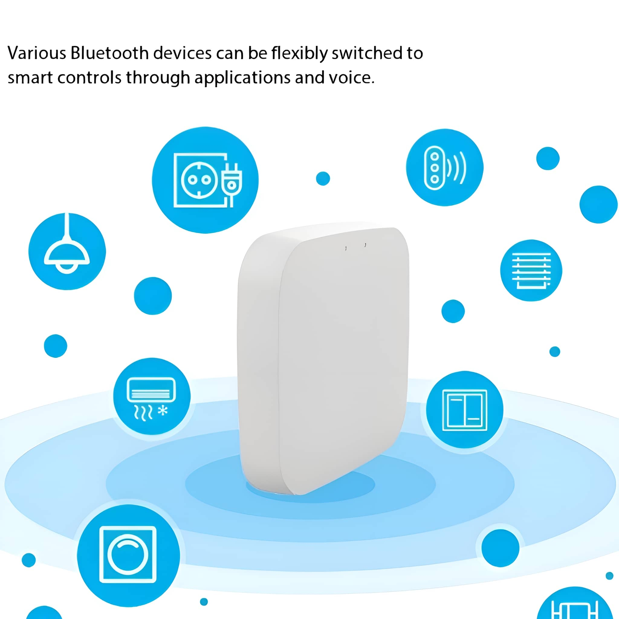 Ein weißes Smart-Home-Gerät mit Kreisen darum. Es gibt Symbole für Smart-Home-Funktionen darum.