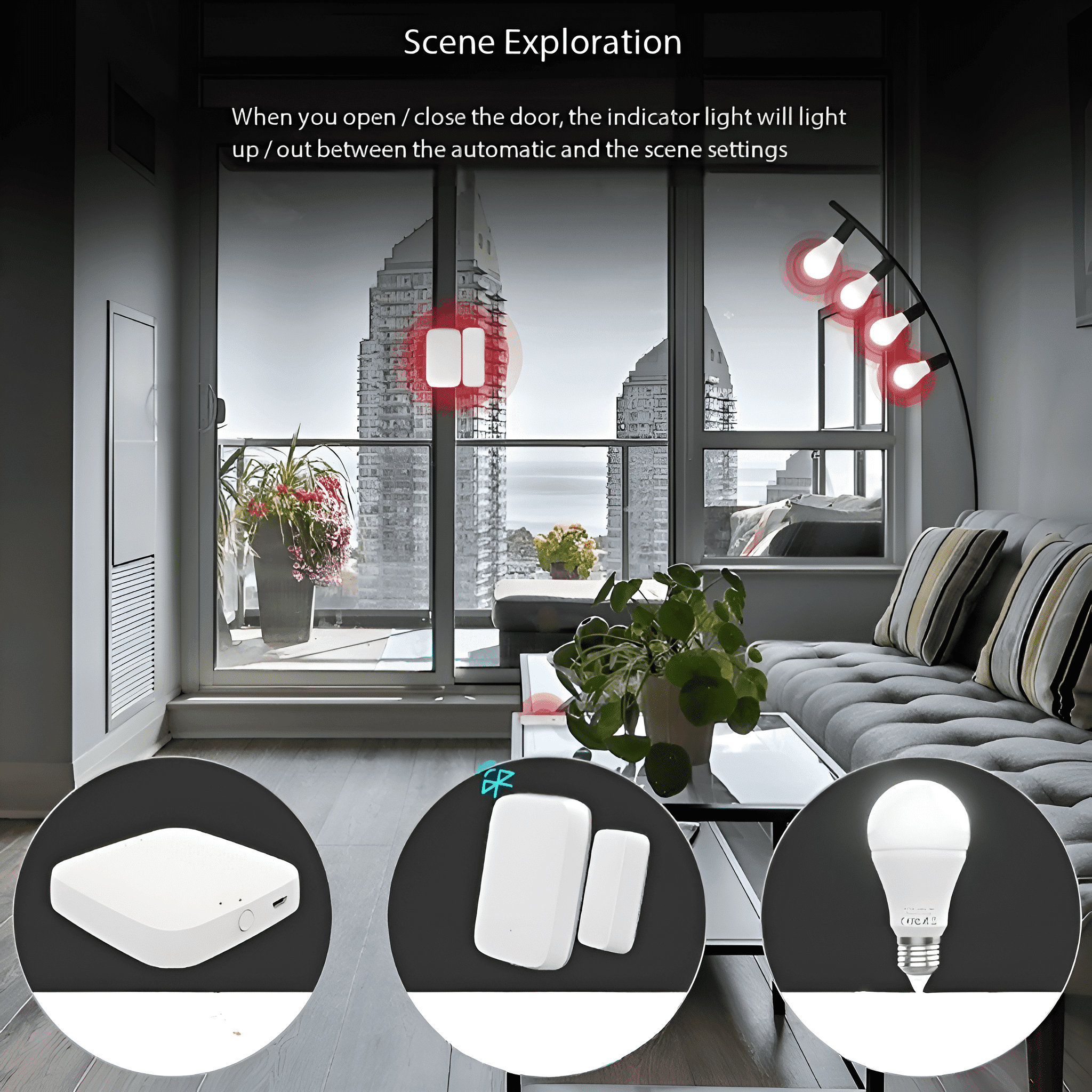Szene eines Smart-Home-Systems mit Fenster, Inneneinrichtung und einer Reihe von Smart-Home-Geräten.