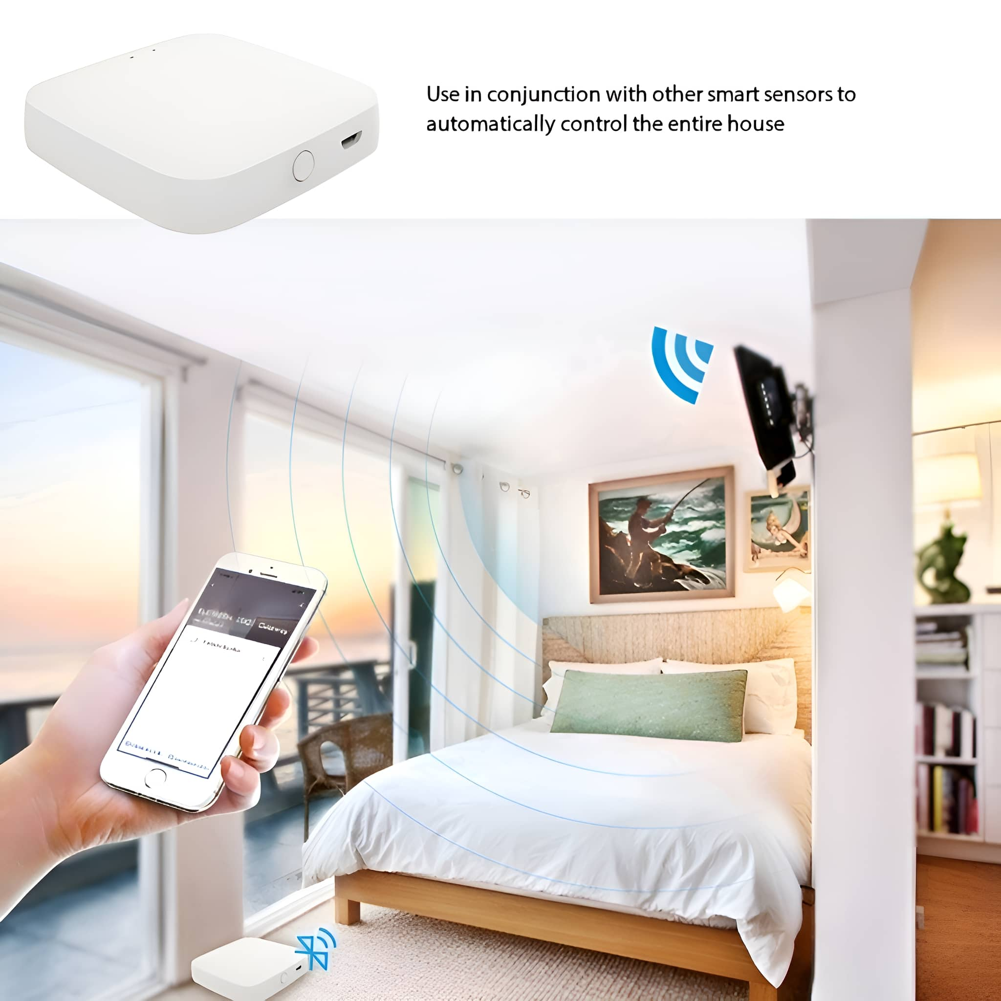 Smart-Home-Setup mit Telefon und Gerät. Das Gerät liegt auf dem Bett.
